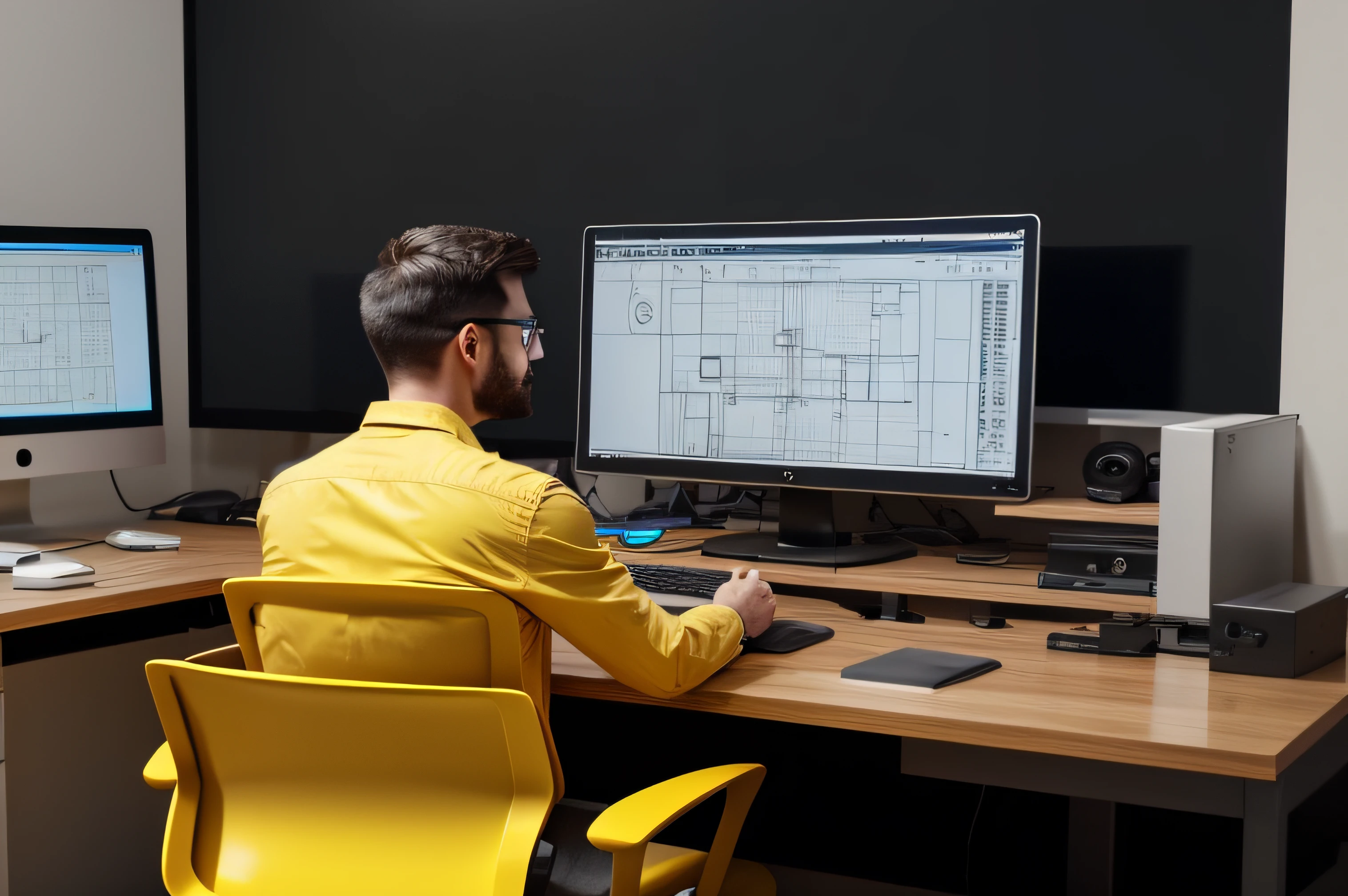 yellow color theme photo there is a man sitting at a desk with a computer, autodesk blueprint, industrial design blueprint, in front of a computer, cad cam cae, 2 d autocad, engineering, autocad, advanced technology, looking at monitor, sitting at a computer, engineering blueprints, sitting in front of computer, accurate and detailed, technical, a computer rendering