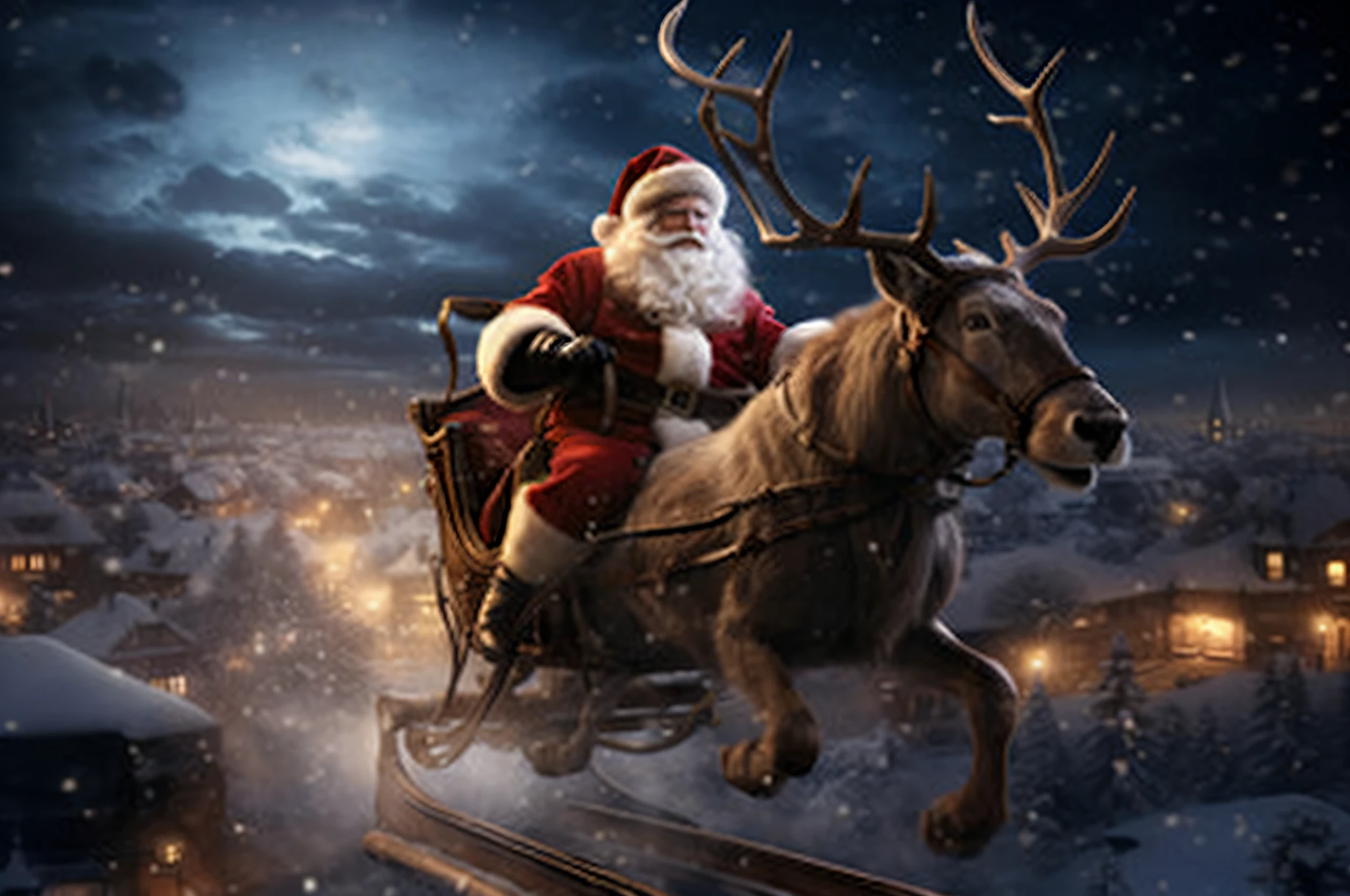santa claus riding a reindeer sleigh in a snowy night, santa claus, santa clause, santa, christmas night, inspired by Rudolph F. Ingerle, very accurate photo, by Itshak Holtz, ilustration, the wise man is riding on top, album photo, holiday season, contest winner, seasonal, realistic depiction, professional photo, starry night with blue and orange stars
