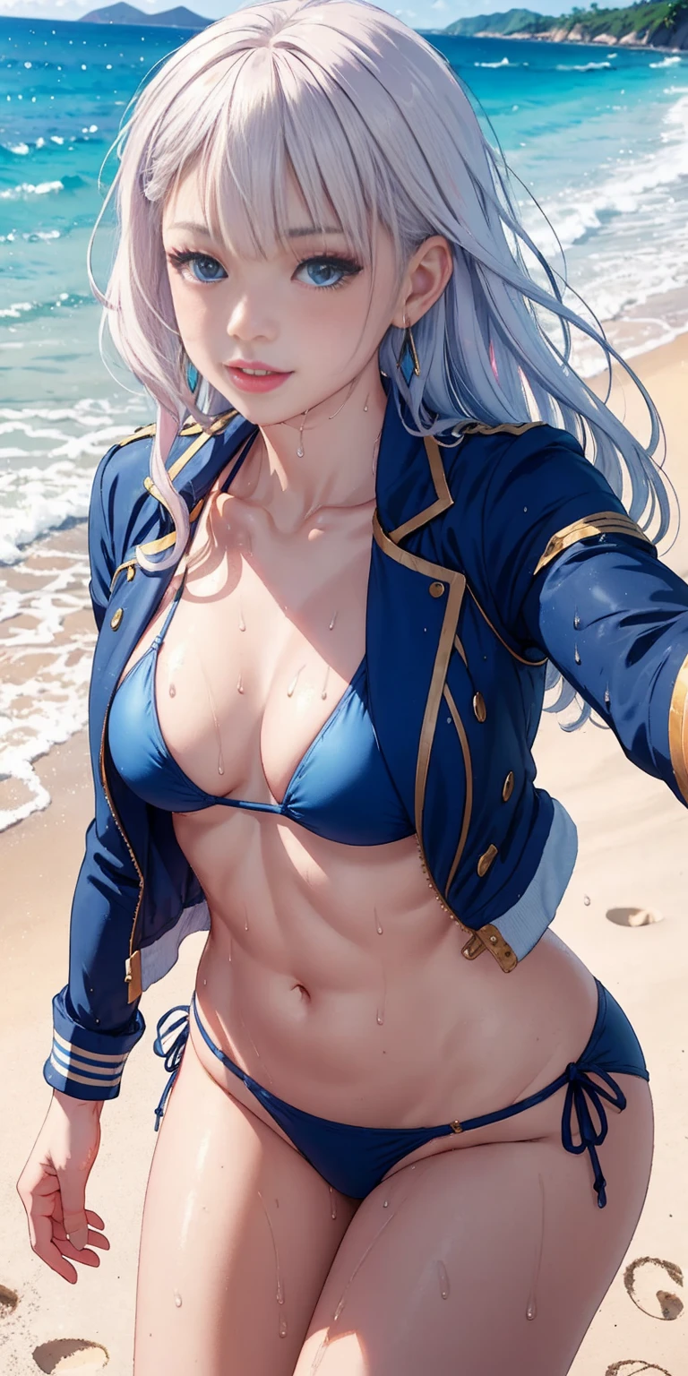 RiseliaRay.bangs, jacket, blue jacket, jewelry, blush, breasts, open jacket,realistic, selfie, 1girl, white hair, blue eyes, parted lips, blush, makeup, light smile, bikini, beach, sweat, wet, light rays, glow, thighs, collarbone, narrow waist, (masterpiece), wallpaper,