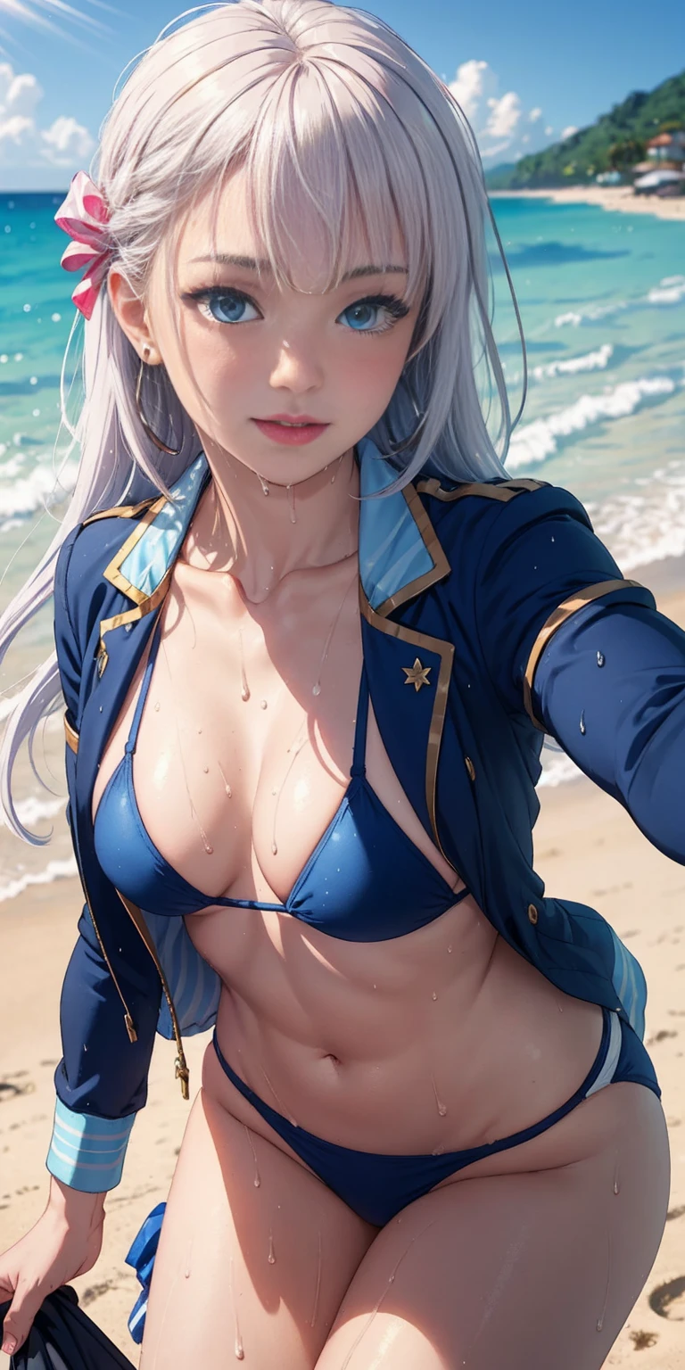 RiseliaRay.bangs, jacket, blue jacket, jewelry, blush, breasts, open jacket,realistic, selfie, 1girl, white hair, blue eyes, parted lips, blush, makeup, light smile, bikini, beach, sweat, wet, light rays, glow, thighs, collarbone, narrow waist, (masterpiece), wallpaper,