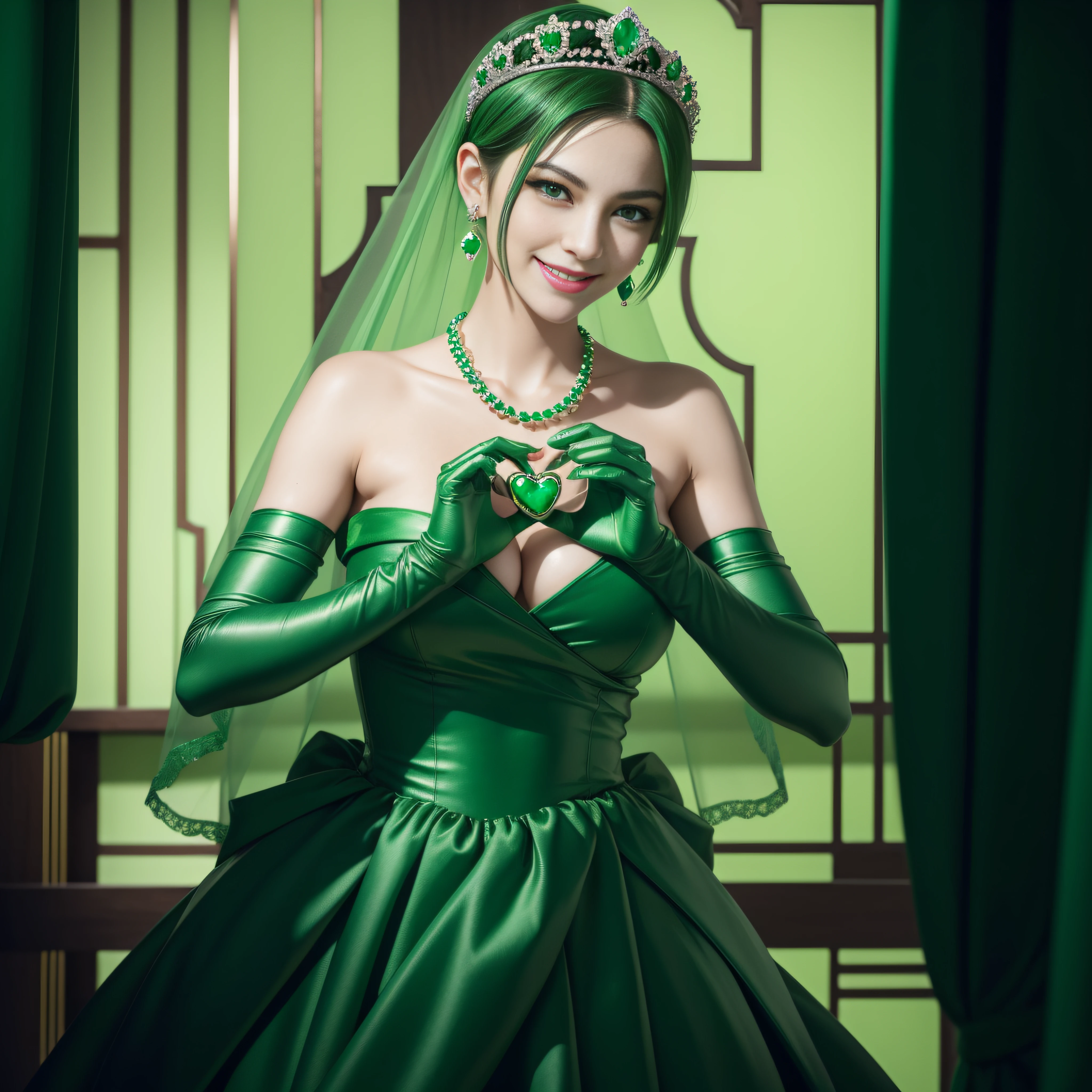 emerald tiara, Green Pearl Necklace, Boyish very short green hair, lipsticks, Japan woman smiling, very short short hair,  big breasts beautiful, Green eyes, Long green gloves made of satin material, Green eyes, Emerald Earrings, green vale, Heart with both hands