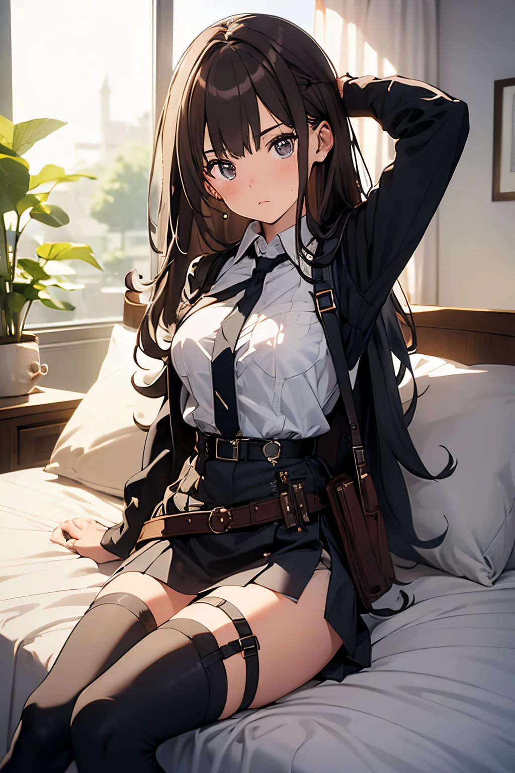 Brown hair、watching at viewers　　　black suspenders　　　Bulging big breasts　　 　 　　　walls: 　Black miniskirt　garters　　　　　　Gaze　　　Small face　bangss 　　　holster　　Belt Armament　Beautuful Women　srestrained　hands up　Lying in bed　Leg holster lying on the bed　　Gaze 　black boots panty shot