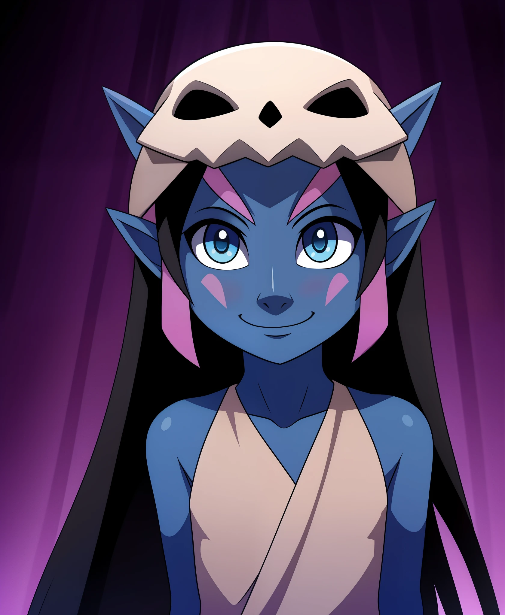 Coqueline, blue eyes, blue skin, pink hair, forehead mark,pointy ears, black hair, two tone hair,long hair, barefoot, mask on head,mask, short beige dress, sleeveless, bare shoulders, halterneck, skull, 1girl, solo, facing viewer, looking at viewer, upper body, smile,