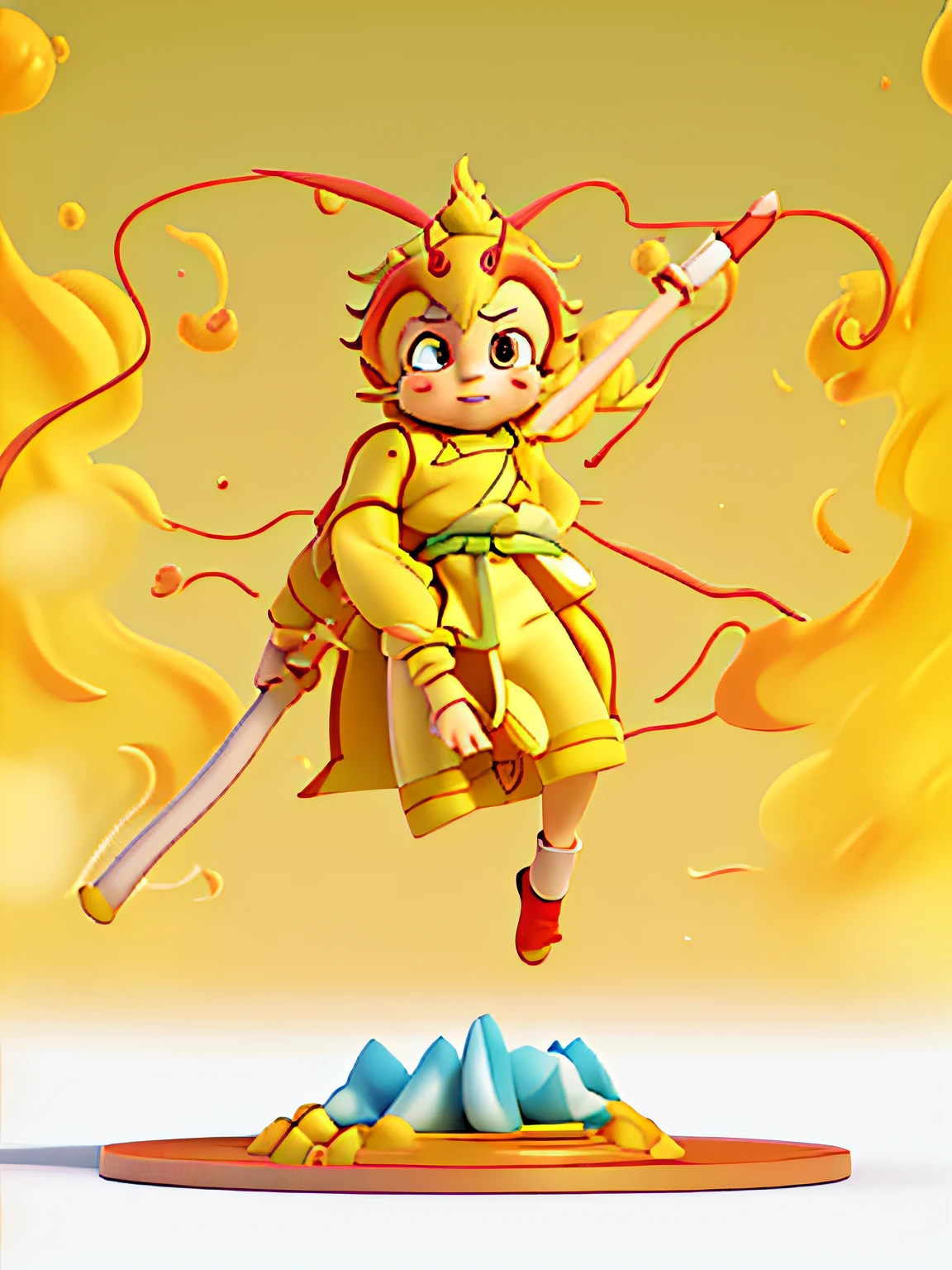 standing on one leg,Holding gold hoop,Wearing a yellow cotton coat,Sun Wukong wearing a red cloak, Akira in Chinese mythology, Taoist painting,Rui Fan Art, Clean anime silhouettes, Official concept art, wip, intense line art, 《Kola Legend》Moogle enters, cute artwork, white fox anime, Cute and detailed digital art, adorable digital art,Qi Tian Great Saint Sun Wukong,Monkey King fights,Cute 3D stereoscopic