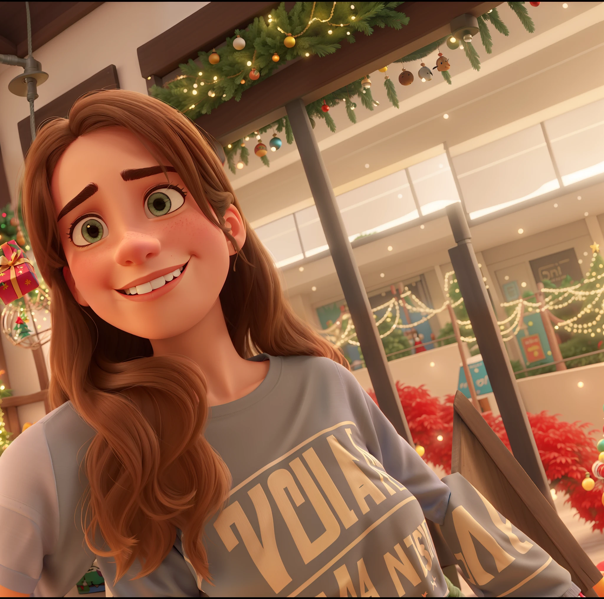 24 years old, usando uma camiseta roxa com escrita "Central  Park" em laranja, de cabelos longos, against the background of Christmas lights and decorations in Disney Pixar style