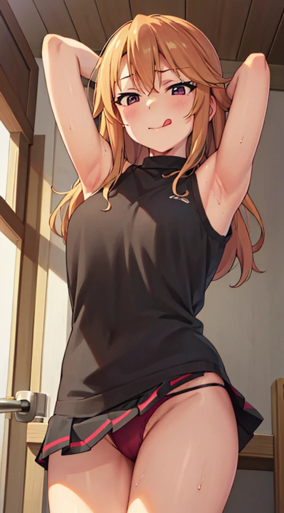 masterpiece, best quality, highres, Yuuki Haru, 1girl, solo, busty, flat breasts, blond hair, long hair., sport bra, short skirt, looking at viewer, full body, standing, simple background, (erotic pose:1.4), blush, flustered, (panties exposed:1.3), ((arms behind head, double armpits, standing)), Half body, upper body, In the middle, symmetrical, licking lips
