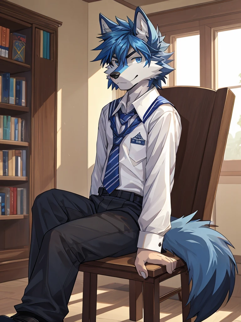 Furry, solo,wolf,masculine,Black fur with blue stripes,Sporadic cloth-colored hair mites,dark blue eyes,sitting in a chair,arrogant expression,Looking straight ahead,Wearing a boys' school uniform,Black pants,16 years old