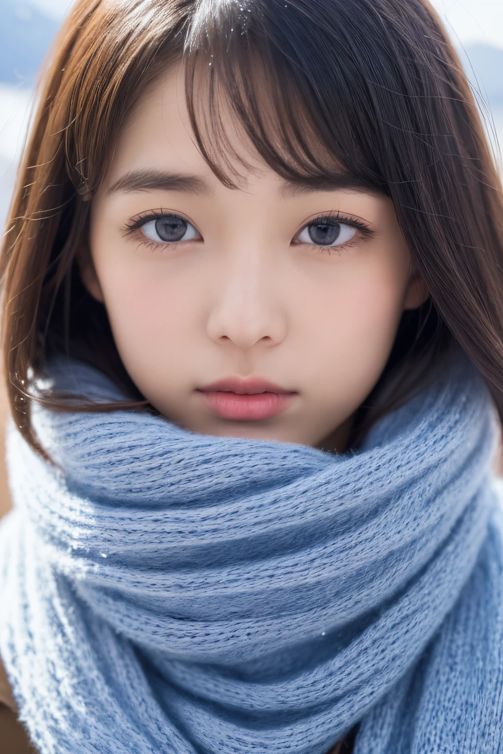 ((Show face only、Close-up of face))、(The mouth is hidden by a scarf:1.2)、(realisitic、Photorealsitic、ultra-detailliert、Highest Details Skins、top-quality、masterpiece、超A high resolution)、Cute Japan Woman、、hi-school girl、younggirl、Thin makeup、1 girl in、I have bangs、二重まぶた、drooing eyes、View here、Realistic skin type、Thick muffler、fluffy hair、snow mountains、Winters、Hair bulges with a scarf、It's snowing
