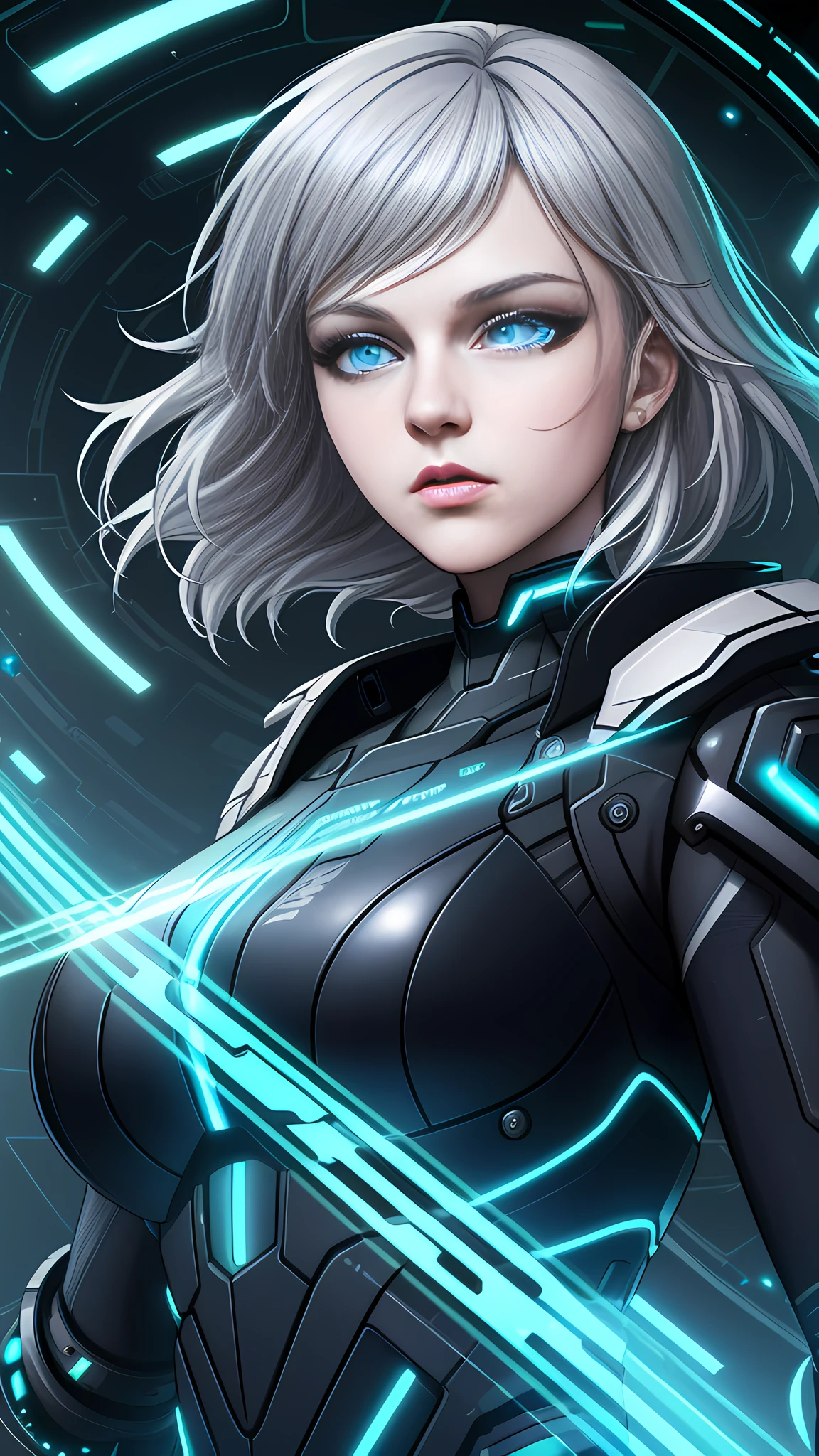 (extremely detailed CG unity 8k wallpaper,masterpiece, best quality, ultra-detailed),(cyber game style),(an extremely delicate and beautiful),(1mulher),floating,high resolution, dynamic angle, silver hair, beautiful face, blue eyes, black clothing, neon lights, futuristic scene.
