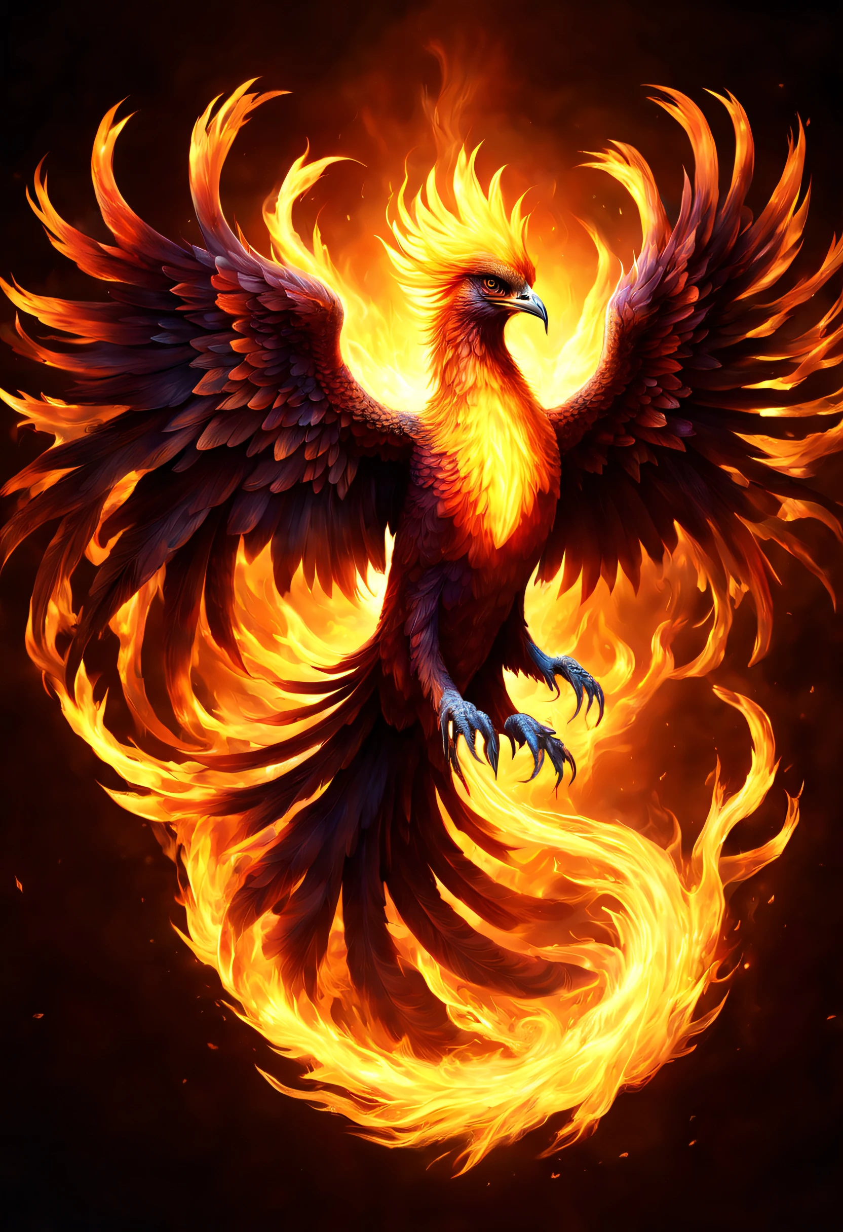 A realistic beautiful phoenix is reborn in the fire, it has a very visible and lot of textured aura.