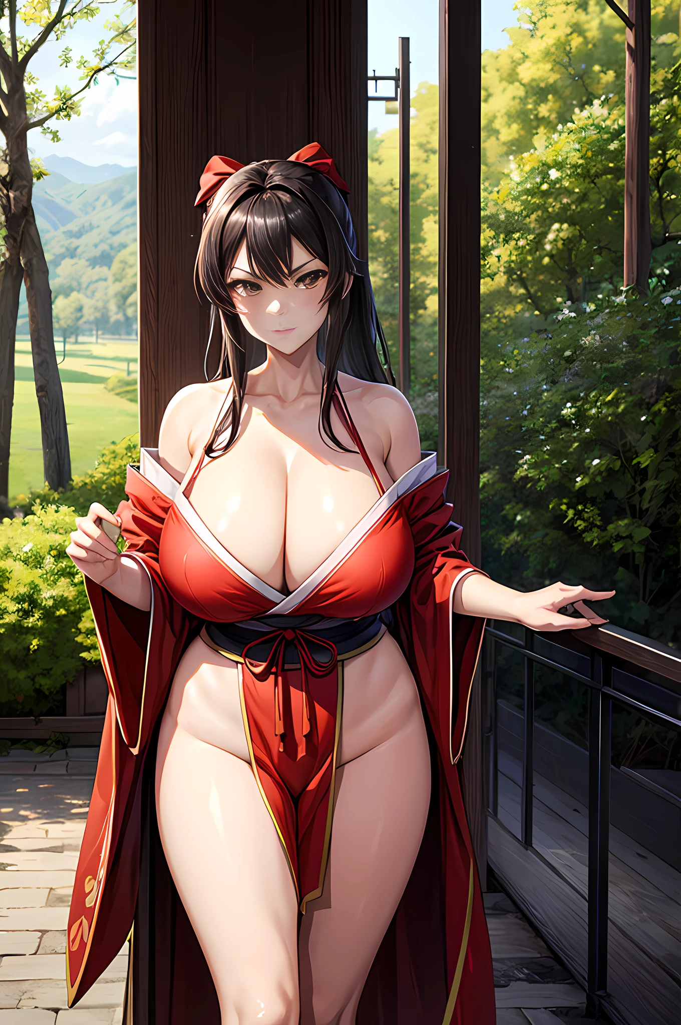 tmasterpiece, Best quality, 超高分辨率, ultra - detailed, cabelos preto e longos, pony tails, Brown eyes, Huge cleavage, Wide hips, samurai girl, Common, , Young person, 1 girl, Alone, Takeda Hiroki style, The face is red, The beautiful, at a forest, that tree, obi strip, Serious,