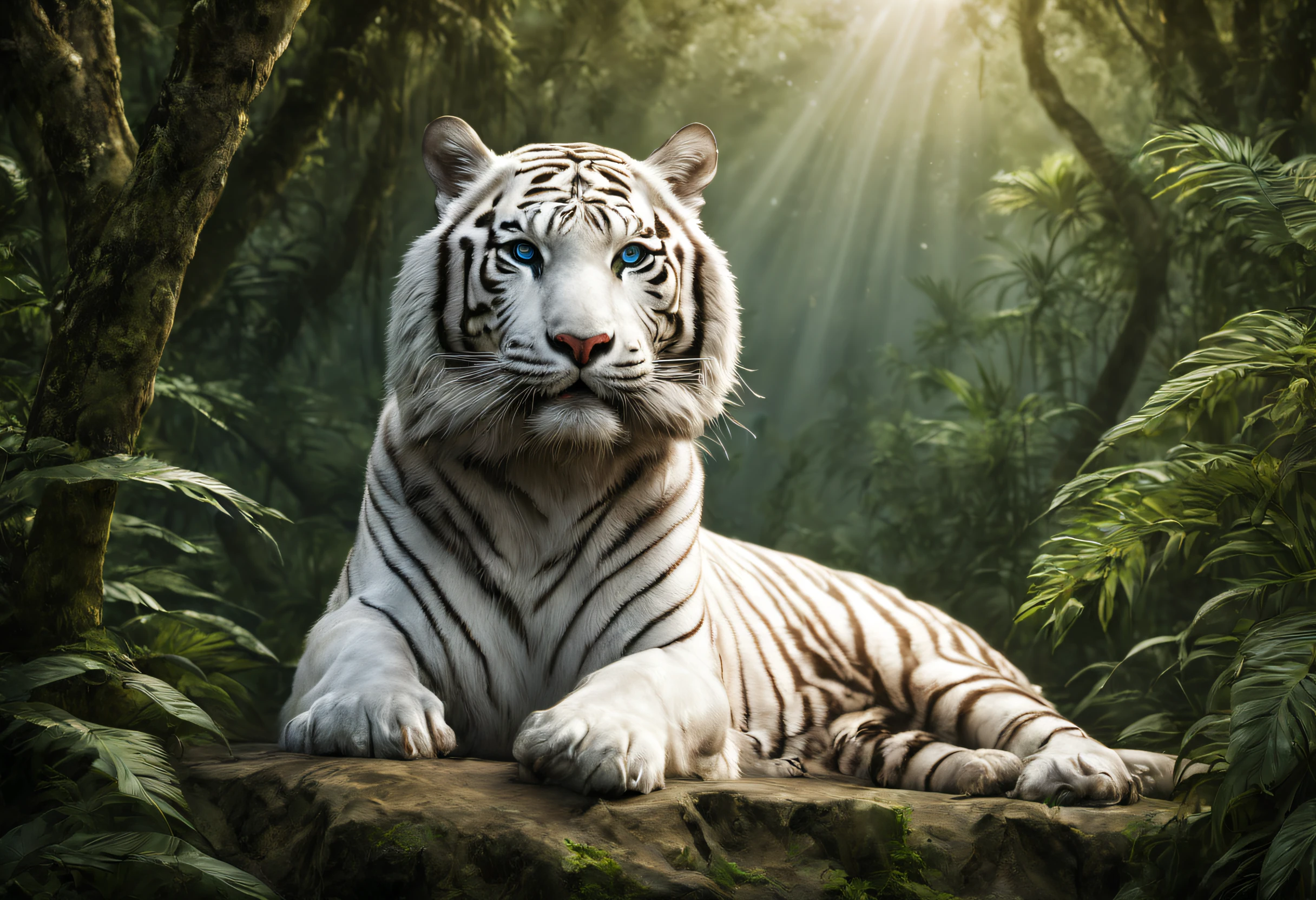 (best quality, high resolution, ultra detailed, realistic: 1.37), professional, studio lighting, HDR, vivid colors, sharp focus, (majestic white tiger: 1.37), wildlife, fierce expression, piercing blue eyes, physique powerful, elegant fur, in a jungle environment, lush green vegetation, sunlight streaming through the trees, intense gaze, strong and confident stance, stealthy movements, capturing the beauty and strength of the tiger, wildlife photography, fine arts, nature, impressive, captivating, imposing, monochromatic color palette, spectacular lighting, contrast between light and shadow, minimalist composition, showing the tiger as the sole focus, a true masterpiece of nature.