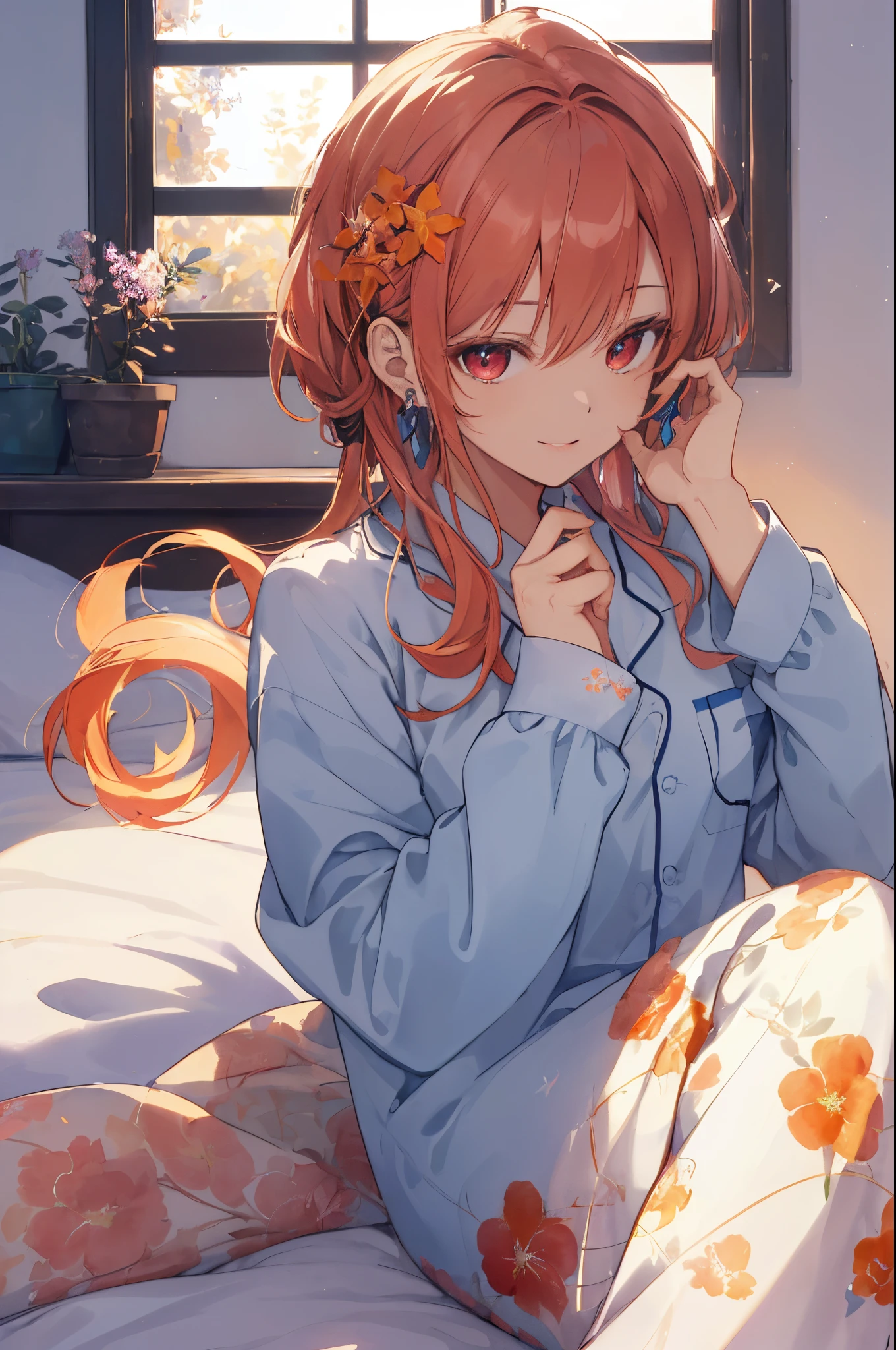 (aquarelle:1.2)、女の子1人、独奏、florals、portlate、fronds、bangss、signed、bionde、Long、red eyes、Flower earrings、the Extremely Detailed CG Unity 8K Wallpapers, front lit, femele,25-years old、 His lips are smiling、(tying  hair:1.5)、(Medium Showtrain Bo Hair)、(long sleeved pajamas:1.3)、blue eyess,(lying on the bed:1.5)、(Blue sky seen from the window:1.3)、(Full body depiction)、（fullmoon：1.2）、（shooting stars：0.9）、（nebulas：1.3）、mountain in the distance、Tree Break Production Art、(Warm color light source:1.2)、(fireflys:1.2)、abajour、Purple and orange、intricate detailes、Volume Lighting、Realism Break (​masterpiece:1.2)、