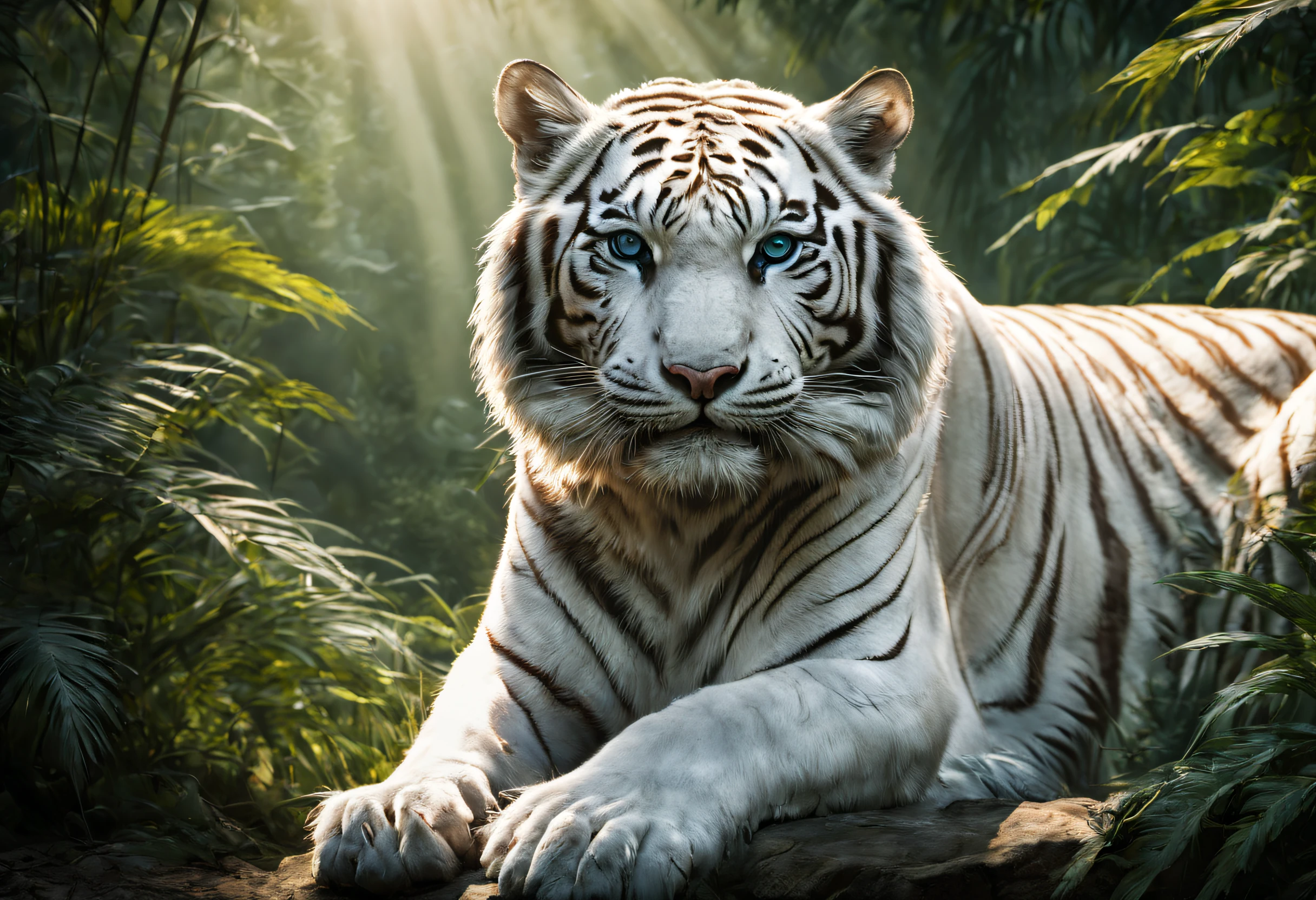 (best quality, high resolution, ultra detailed, realistic: 1.37), professional, studio lighting, HDR, vivid colors, sharp focus, (majestic white tiger: 1.37), wildlife, fierce expression, piercing blue eyes, physique powerful, elegant fur, in a jungle environment, lush green vegetation, sunlight streaming through the trees, intense gaze, strong and confident stance, stealthy movements, capturing the beauty and strength of the tiger, wildlife photography, fine arts, nature, impressive, captivating, imposing, monochromatic color palette, spectacular lighting, contrast between light and shadow, minimalist composition, showing the tiger as the sole focus, a true masterpiece of nature.
