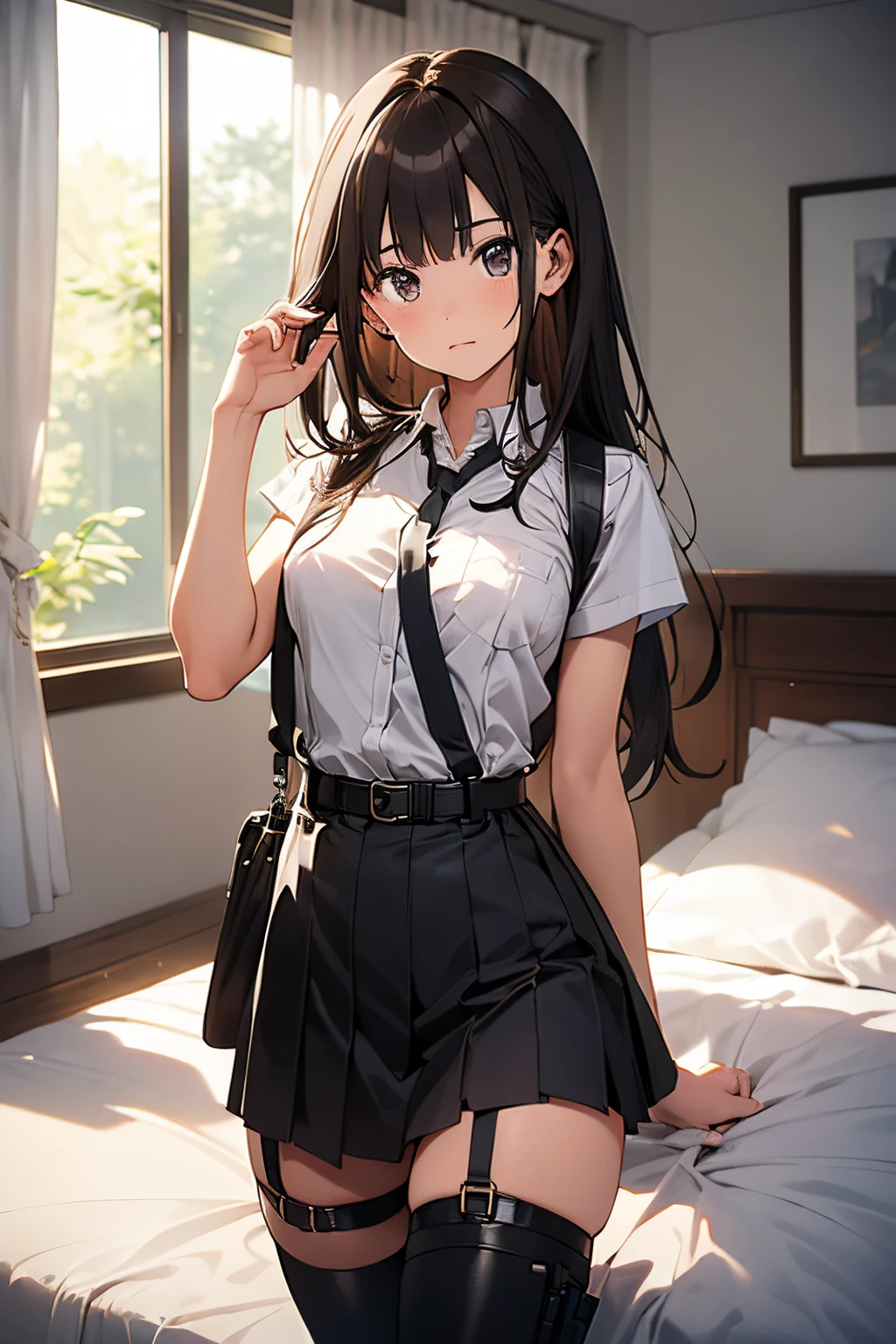 1 female, , high quality, masterpiece, Ultra-high resolution, Cinema Lighting, 1 female, , high quality, masterpiece, Ultra-high resolution, , Cinema Lighting, suspenders　　　Moderate breasts　 　 　　　　　 　　　　Small face　 　　　　　　　　　　　Looking up　　　　Sweat 　　　Thin belt　buzzer　脇Sweat 　　　　 　garter belt　　Belt on pants　　holster　 　　Hands behind your back　 　Looking up　Anxious face　Knee-high　Knee socks　Knee-highソックス 　garter　ふとももにgarter belt　Checkered mini skirt　 　　Panty shot　Skirt gap Armament　　　holster　holster 　　Hands behind your back　 Anxious expression　　Anxious face, legs apart　Armament　　Leg Holster　holster　See-through clothing　heavy rain　Rain-soaked dress shirt,Moderate breasts　ガーターbelt　suspenders　Garter on the thigh　Checkered mini skirt　Looking up　Pause　belt　Armpit sweat　Hands behind back　Raise your hands