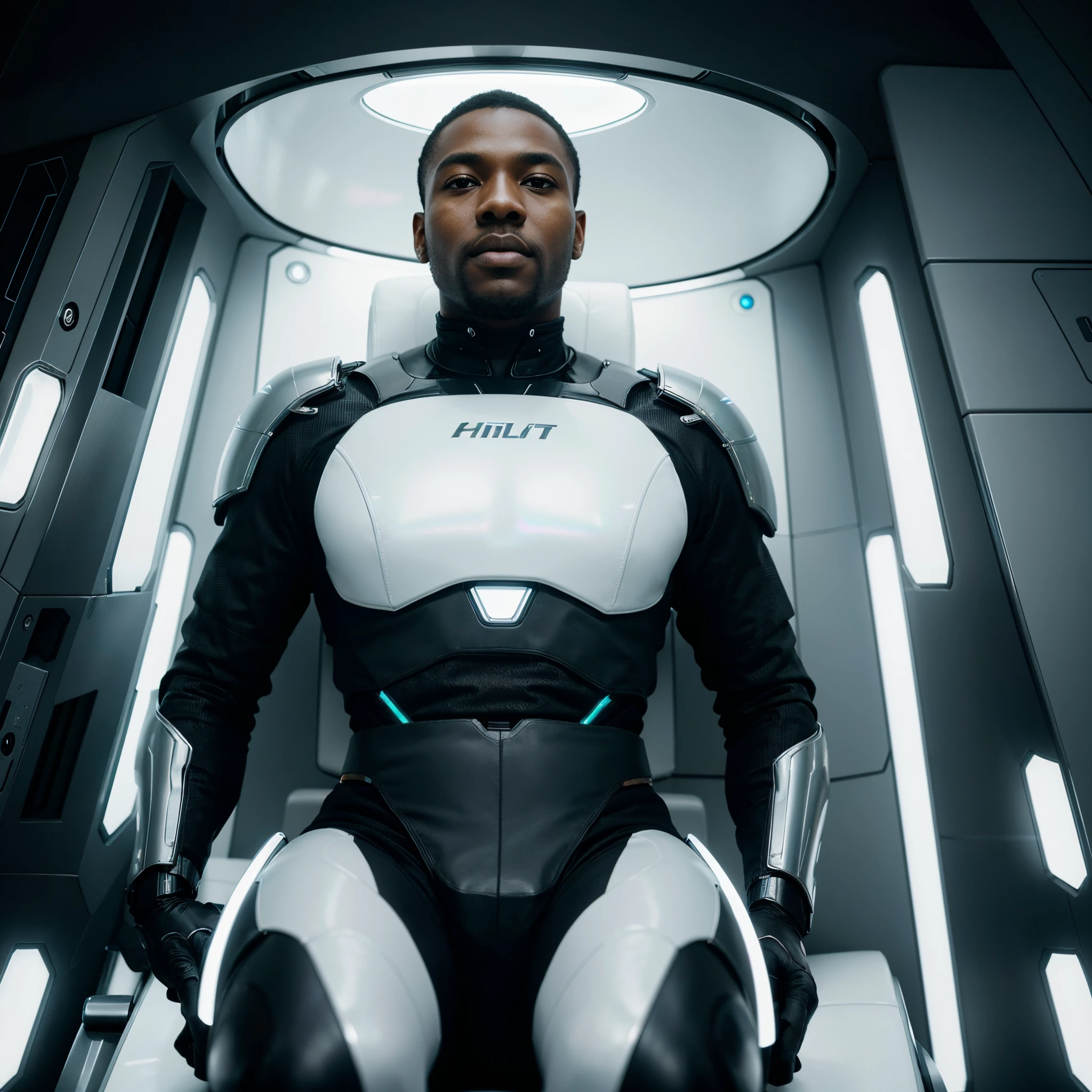 Wide angle shot of A black man laying in a futuristic floating chair with white iridescent lights on the side, sitting in a futuristic therapy room, floating sci-fi objects in scene, futuristic cylindrical light above his head shining on him, a room full of high tech cylindrical and oval lights, Everything in white colour in the scene, white light shining giving a grey and velvet colour grading, cinematic scene, artgerm style, 32k, ultra HD, unreal engine rendered, hyper-realistic image, sci-fi art, afrofuturism