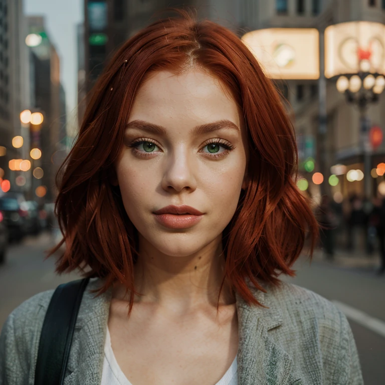 1girl, red hair, big lips, lip gloss, green eyes, city