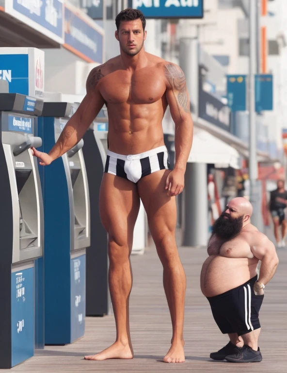 arafed man in a brief pants standing next to a man in a black and white underwear, tall and muscular, absurdly massive physique, athletic tall handsome guys, perfect and proportional body, gigachad muscular, is wearing a swimsuit, very accurate photo, exaggerated physique, swimsuit model, dad bod, absurdly muscular physique, lucas graziano