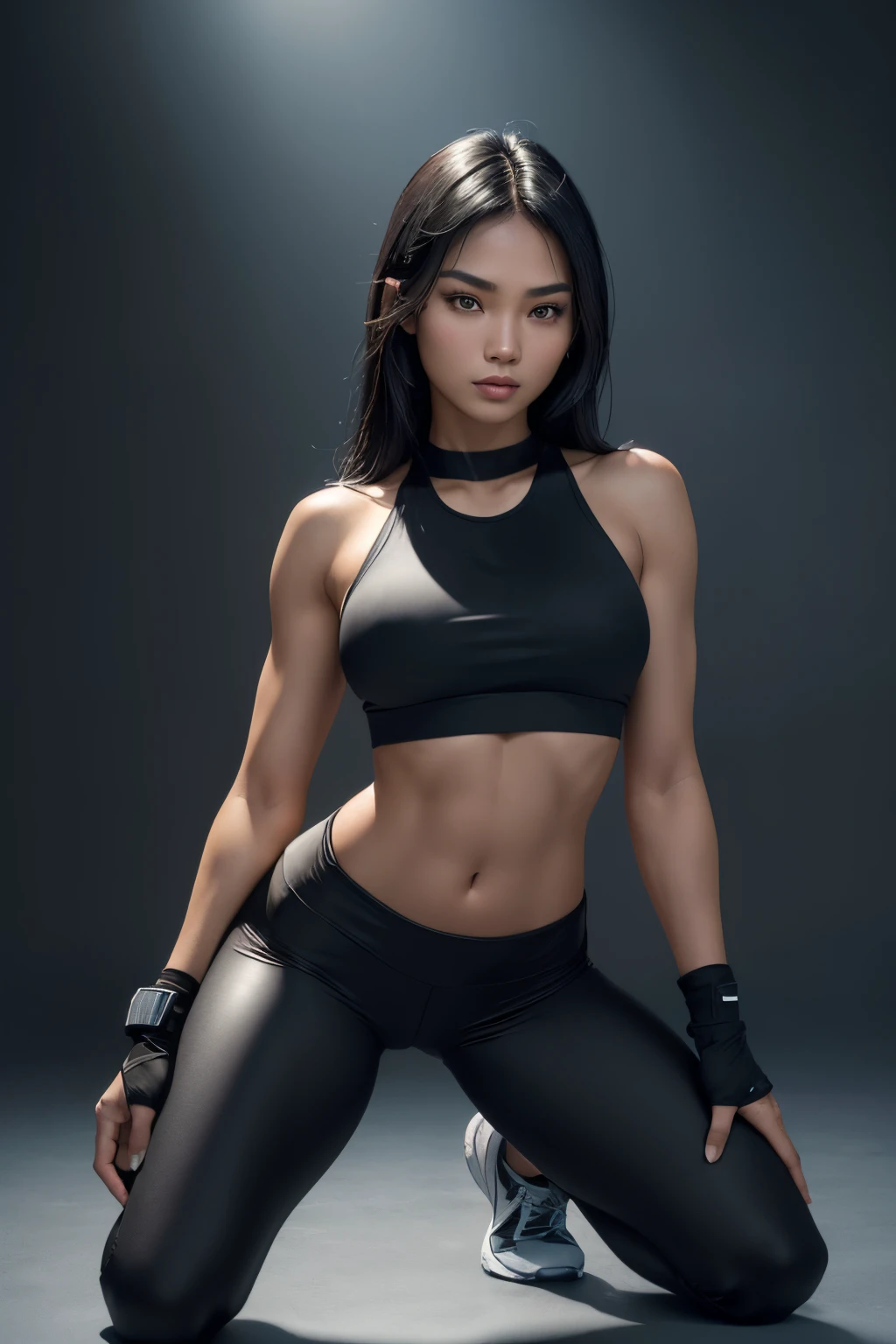 (ultra high definition), (ultra high definition), (full sharpness), (maximum quality), (Cinematic), (8k), ((Filipina woman)), ((extremely beautiful)), ((25 years old)), (alone), ((full body)), (ultra detailed face), (ultra detailed eyes), (ultra realist eyes), (athletic body), (delicate hands), (very detailed hands), (studio lighting), ((front view)), (confident half-smile), (soft skin), (very small breasts), (very big ass), (natural tan skin), (unique), (short raven-black hair), (totally realistic), ((always the same face)), ((repeat always the same face)), ((fierce and determined look)), ((always the same body)), ((always the same proportions)), ((showcases her athletic and agile physique)), ((looking at the camera)), ((wearing crop top and leggings)), (kneeling), (from behind)