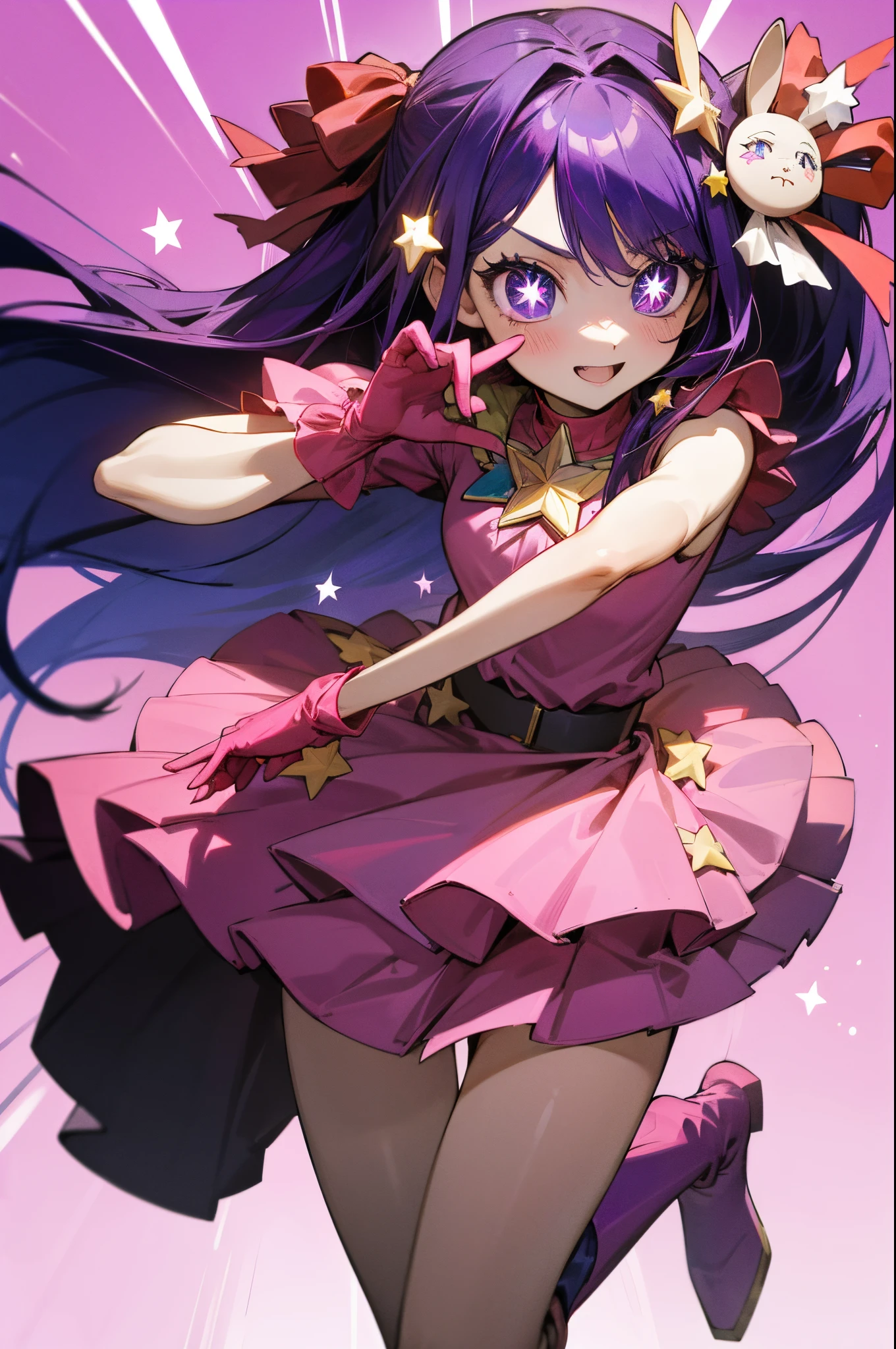 (masterpiece), best quality, expressive eyes, perfect face, highres, (8k), (perfect face), (ultra details), 1 girl, solo, aai hoshino, hair between eyes, hair ornament, hair ribbon, long hair, one side up, (purple eyes:1.1), purple hair, rabbit hair ornament, (star-shaped pupils:1.5), symbol-shaped pupils, belt, black belt, brooch, dress, pink dress, frilled dress, frilled gloves, frills, gloves, heart brooch, idol, idol clothes, jewelry, pink gloves, red ribbon, ribbon, turtleneck dress, pink boots, pink boots, thigh-high boots smile, street background, posing, stage, concert vibes, standing, portrait, looking at the viewer,