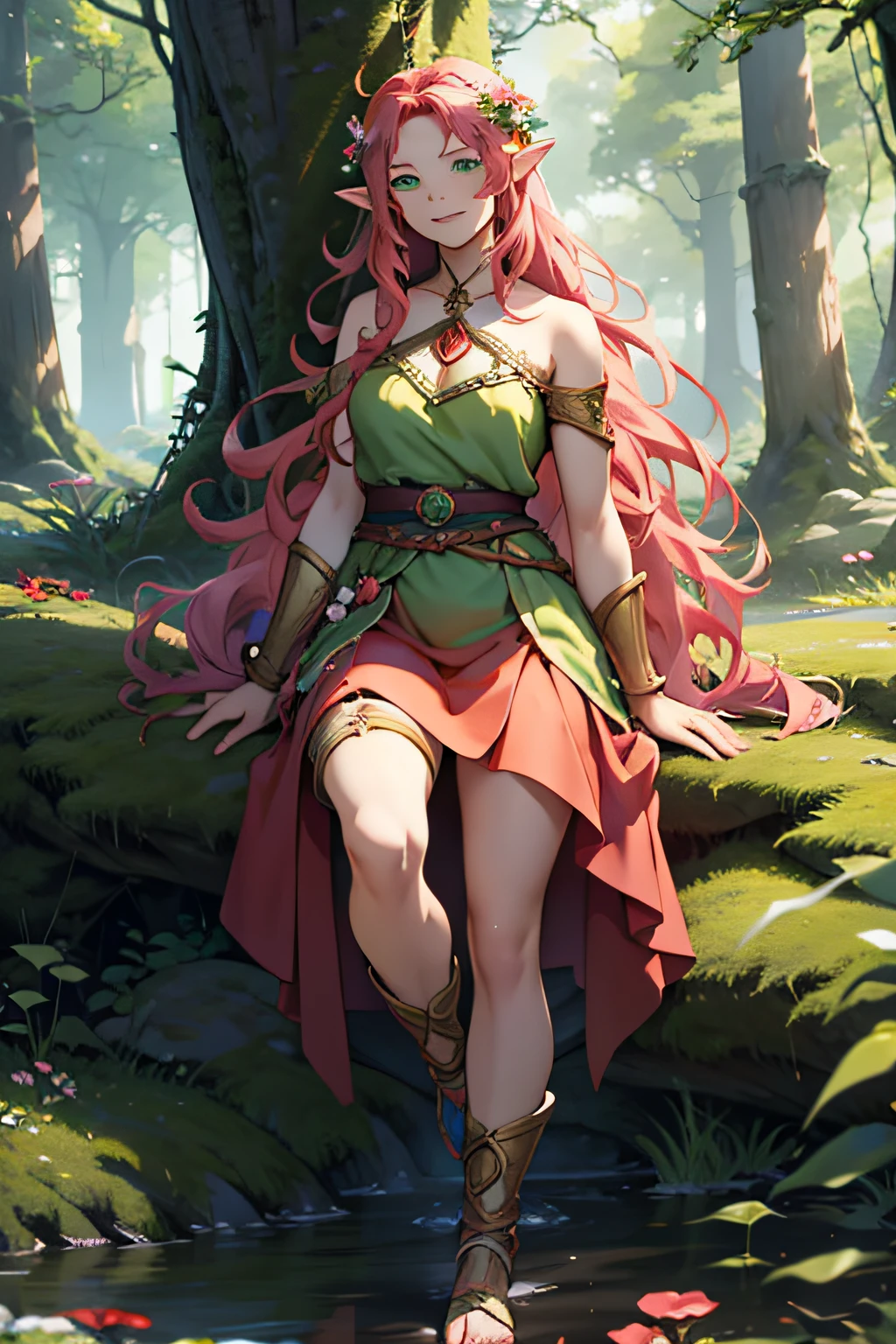 anime elf woman with very long wavy red hair, druid clothing a green dress with flowers and tree bark accents, pink cloth wrapped around her legs and arms, a golden bracer with gems on one of her wrists. long hair, digital dungeons and dragons, detailed digital anime art, digital forest, flowers, wild flowers, aesthetic, anime, full body, detailed green eyes, smile, playful