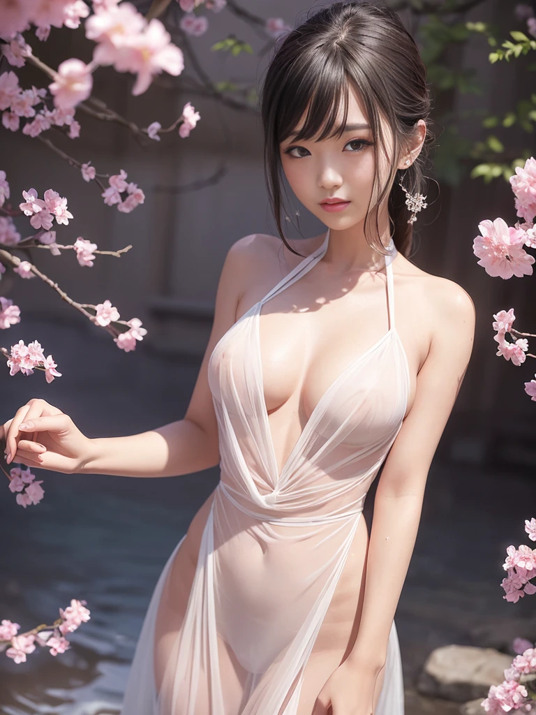 loose outfit、Show shoulders、How to wear a gown with a broken see-through halter neck、Decorated with intricate patterns and bright colors、Transparent material that makes the skin shine、Artistic depiction of seductive woman in gown with wet thin cloth and transparent skin, Floral and fantastic pattern with flowing silky traditional see-through skin。Her dress draped elegantly around her curvaceous figure、Emphasizes her charming silhouette。She's a gentle fireworks night、Dynamic Posing、Sexy Posing、bathed in the soft glow of moonlight。The scene is、With a hint of mystery and sensuality、It exudes an ethereal dreamy atmosphere。The image style is、It incorporates a blend of watercolor and digital illustration techniques.、It makes you feel delicate beauty and charm。Soft moonlit lighting、Cast gentle highlights and shadows on her mesmerizing features。Dynamic Posing、Bold poses、The hand is somewhere、see -through、show through、A sexy、Wet hair、Wet、cherry trees、flower petals、cherryblossom、The cherry tree、Sakura blizzard、buried、Transparent skin、Wet clothes、Chest Pulling、Translucent clothes、On the water、