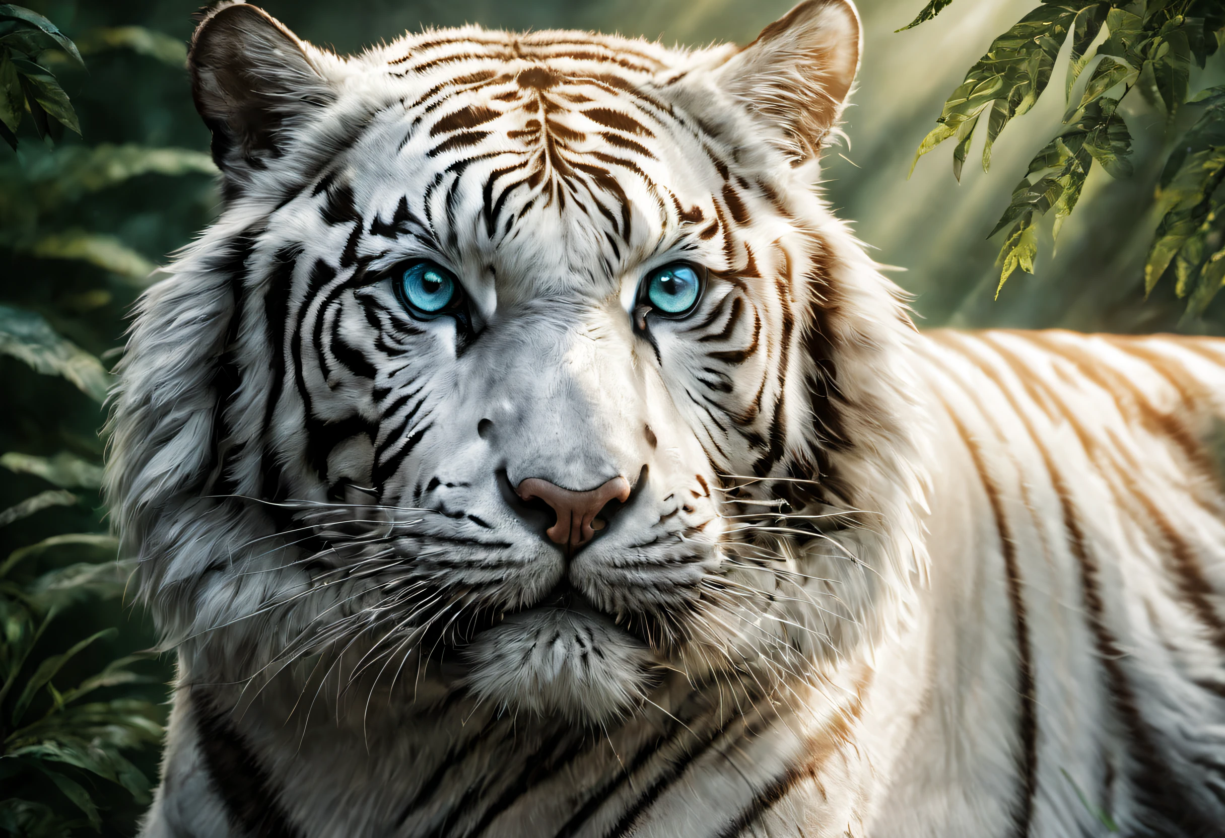 (best quality, high resolution, ultra detailed, realistic: 1.37), professional, studio lighting, HDR, vivid colors, sharp focus, (majestic white tiger: 1.37), wildlife, fierce expression, piercing blue eyes, physique powerful, elegant fur, in a jungle environment, lush green vegetation, sunlight streaming through the trees, intense gaze, strong and confident stance, stealthy movements, capturing the beauty and strength of the tiger, wildlife photography, fine arts, nature, impressive, captivating, imposing, monochromatic color palette, spectacular lighting, contrast between light and shadow, minimalist composition, showing the tiger as the sole focus, a true masterpiece of nature.