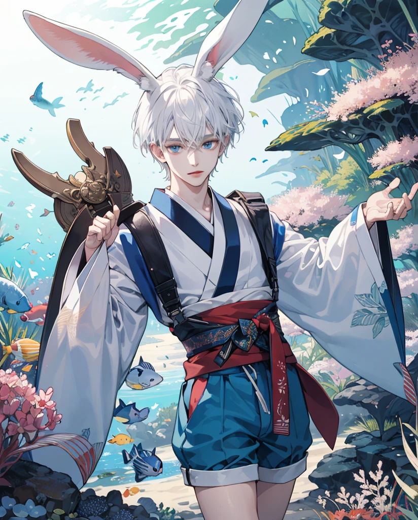 White hair Very detailed and detailed beautiful blue eyes Rabbit ears Japanese anime style Undersea flower garden Fantasy Beautiful scenery Masterpiece Top quality Beautiful boy White rabbit Alice in Wonderland Personification Shorts Beautiful white skin