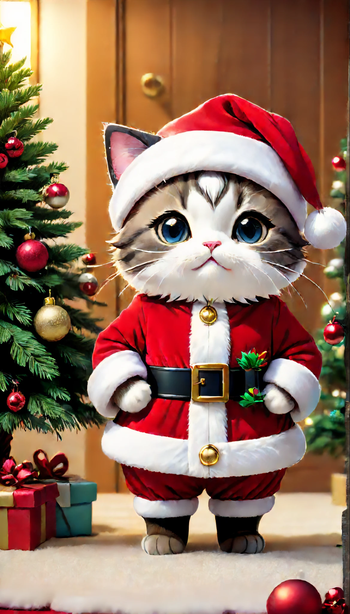((film poster)), a chibi cat wearing a cute Santa Claus outfit, wearing a hat, standing next to a beautifully decorated pine tree.