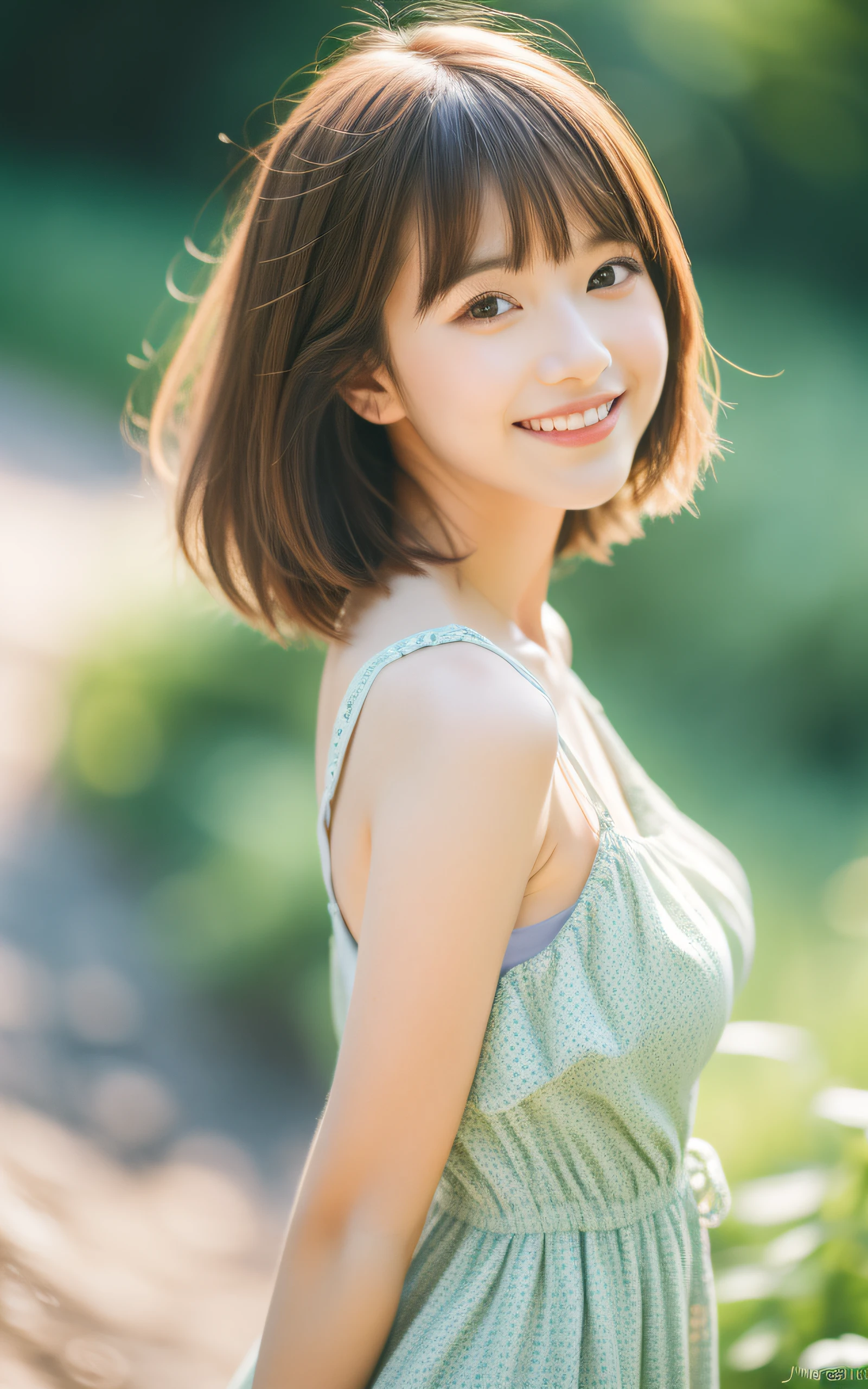 masutepiece, Best Quality, 8K, 1 girl, a Japanese cute girl, In summer, forest, stream, out of focus, 18 yo, Large breasts, cute little, Solo, Mouth closed, Smile, Summer dress, Girly, Delicate girl, Neat and clean beauty, Raw photo, Professional Photography, Portrait, Soft light, Professional Lighting, Back lighting, Upper body, see the beholder, Sophisticated, Film grain, (Eyes and faces with detailed:1.0), Short hair swaying in the wind, beautiful flowing brown hair,