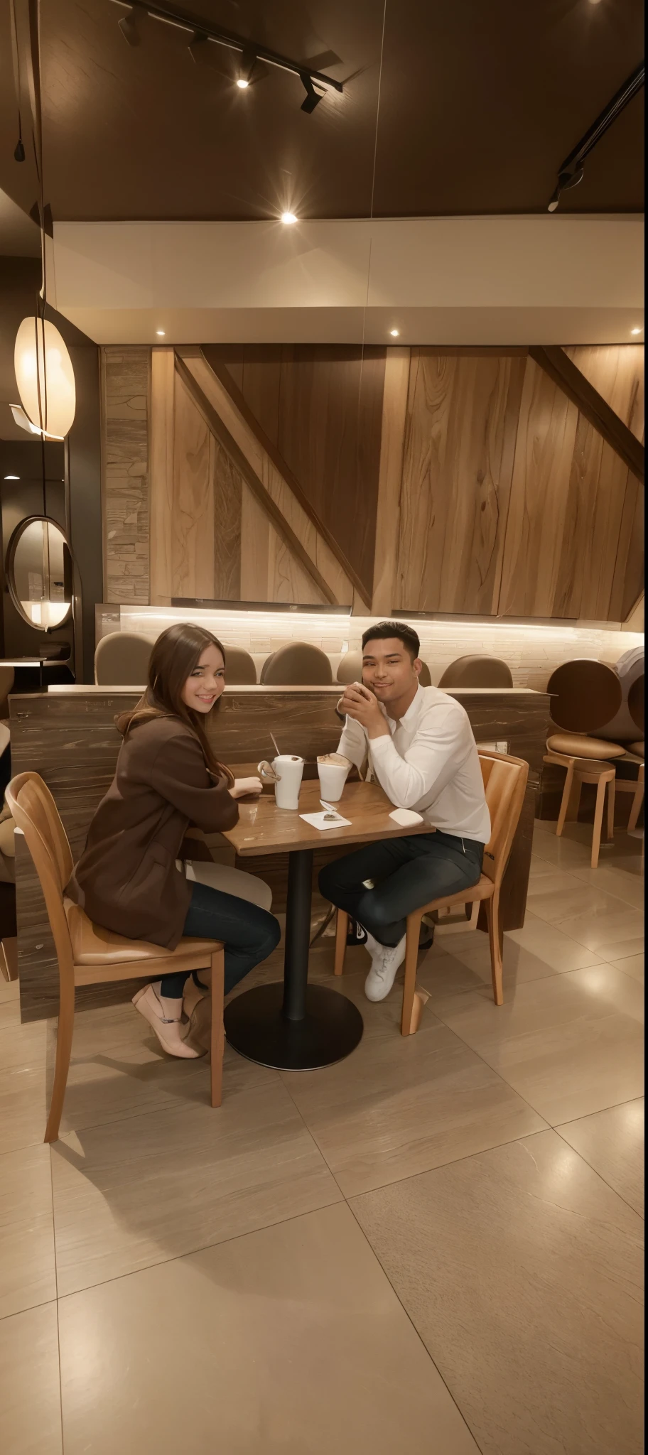 there are two people sitting at a table in a restaurant, sitting in a cafe, happy couple, lovely couple, at a mall, sitting on a mocha-colored table, couple, in a coffee shop, in a mall, tyler edlin and natasha tan, facebook post, profile picture, 4k post, 4 k post, enjoying coffee at a coffee shop