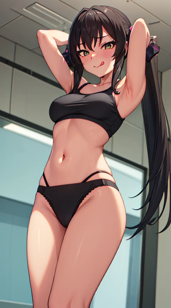 masterpiece, best quality, highres, Matoba Risa, 1girl, solo, busty, flat breasts, black hair, twintail., sport bra, short skirt, looking at viewer, full body, standing, simple background, (erotic pose:1.4), blush, flustered, (panties exposed:1.3), ((arms behind head, double armpits, standing)), Half body, upper body, In the middle, symmetrical, licking lips