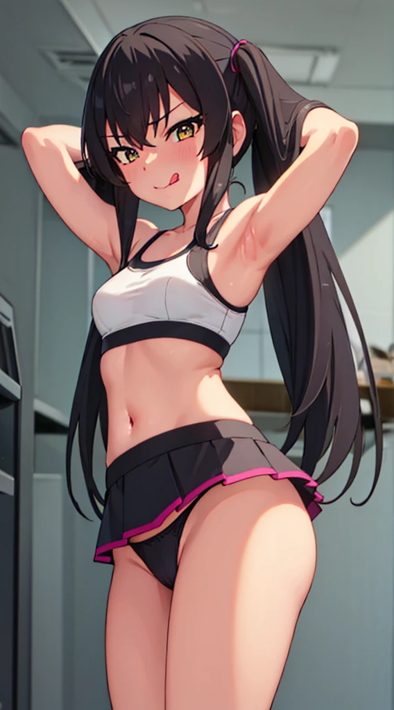masterpiece, best quality, highres, Matoba Risa, 1girl, solo, busty, flat breasts, black hair, twintail., sport bra, short skirt, looking at viewer, full body, standing, simple background, (erotic pose:1.4), blush, flustered, (panties exposed:1.3), ((arms behind head, double armpits, standing)), Half body, upper body, In the middle, symmetrical, licking lips