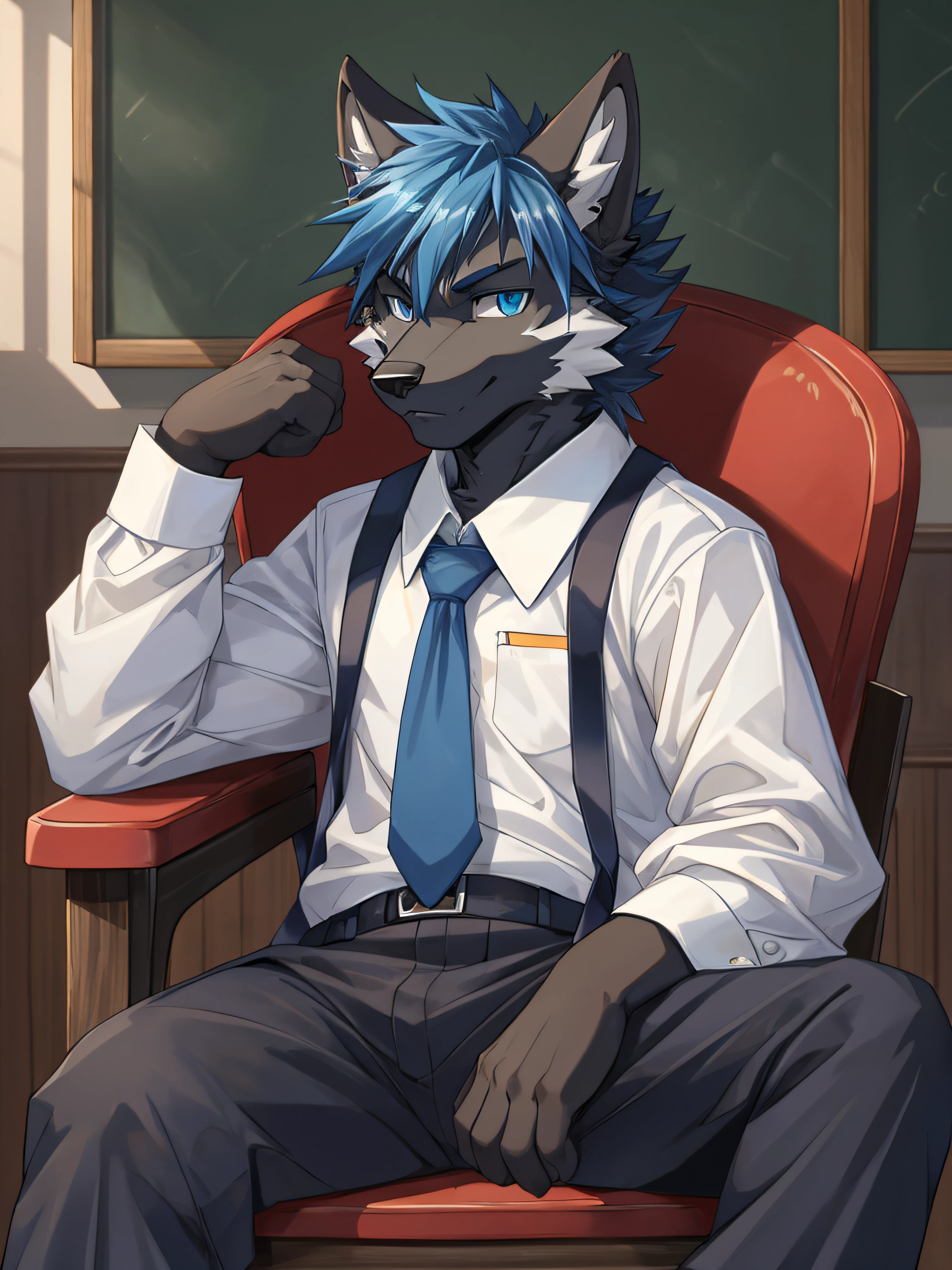 Furry, solo,wolf,masculine,Black fur with blue stripes,Sporadic cloth-colored hair mites,dark blue eyes,sitting in a chair,arrogant expression,Looking straight ahead,Wearing a boys' school uniform,Black pants,16 years old