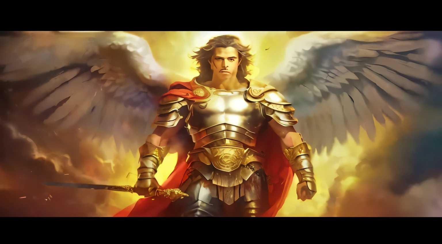 a man in armor holding a sword and a sword in his hand, Arcanjo Miguel, arcanjo, saint michael the angel, angel in plastic armor, cheio de pinturas de anjos, biblical accurate angel, Armadura Dourada Angelical, gold gates of heaven!!!!!!!!, angel spirit guide, biblical epic movie, epic angel wings, Miniatura do YouTube, O Deus Imperador da Humanidade