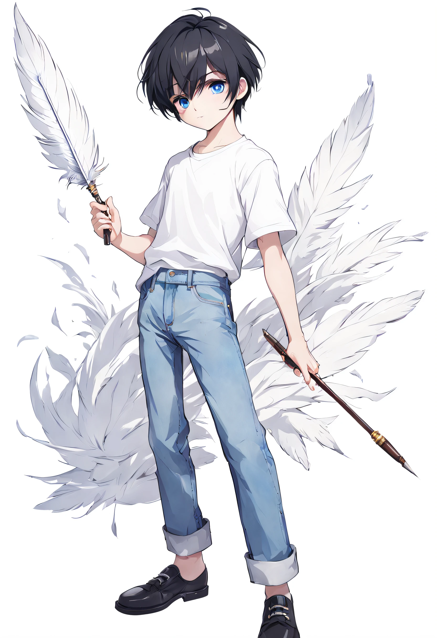 1boy, short black hair, blue eyes, well-defined and slightly arched eyebrows wearing plain white shirt, denim pants, full Body display, white background, holding quill, high res, ultra sharp, 8K, master piece, looking at viewer.