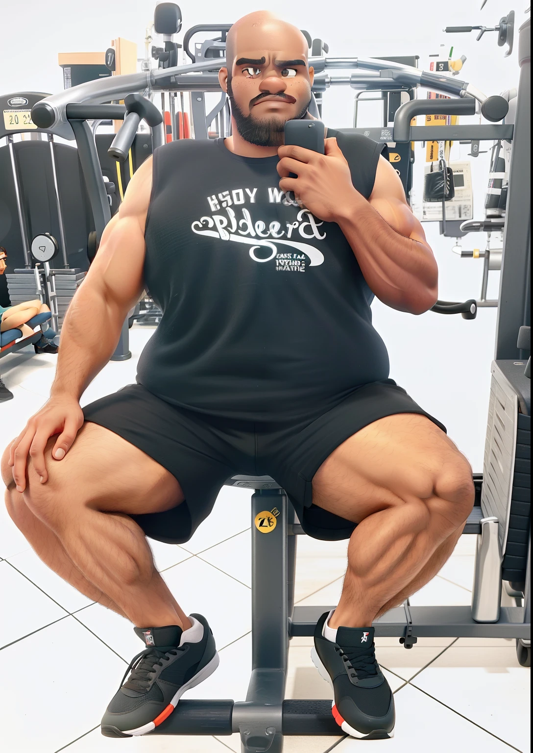 Um jovem de 28 anos, ?????, formoso, forte, There's a man sitting on a bench in a gym, em uma academia, heavy appearance, encorpado, He's strong, He's chubby, muscular, He's bald with a mustache, barba a fazer, ?????, encorpado, parrudo,  ele tem cerca de 28 anos de idade, ele tem cerca de 28 anos, coxas grandes, malhar, macho tank top