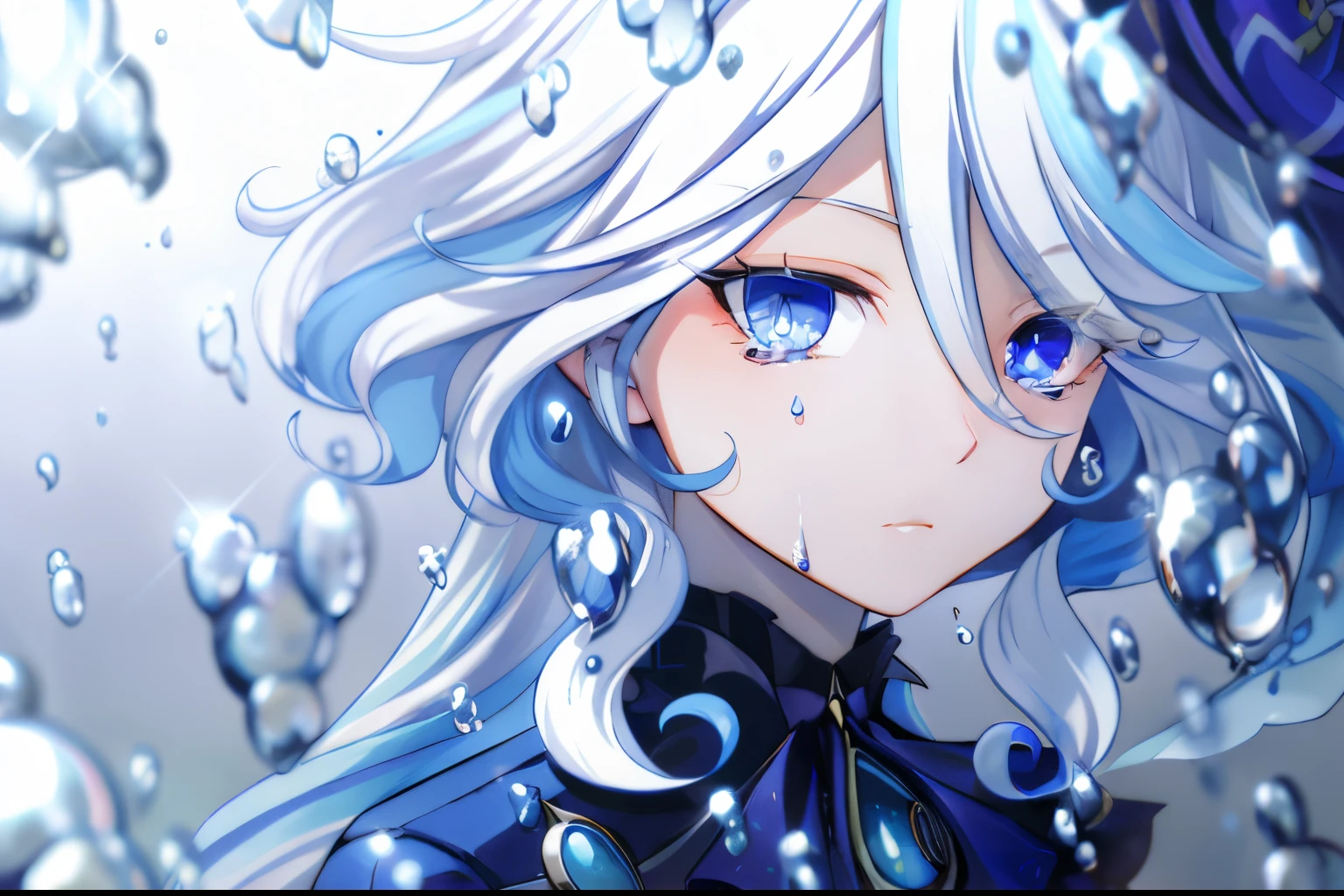 Blue Hair,Blue Skin,Black Cape,Cat ear,Liquid on the character,Slime,Lots of musical notes in the background,Combat Uniform,Underexposed eyes
