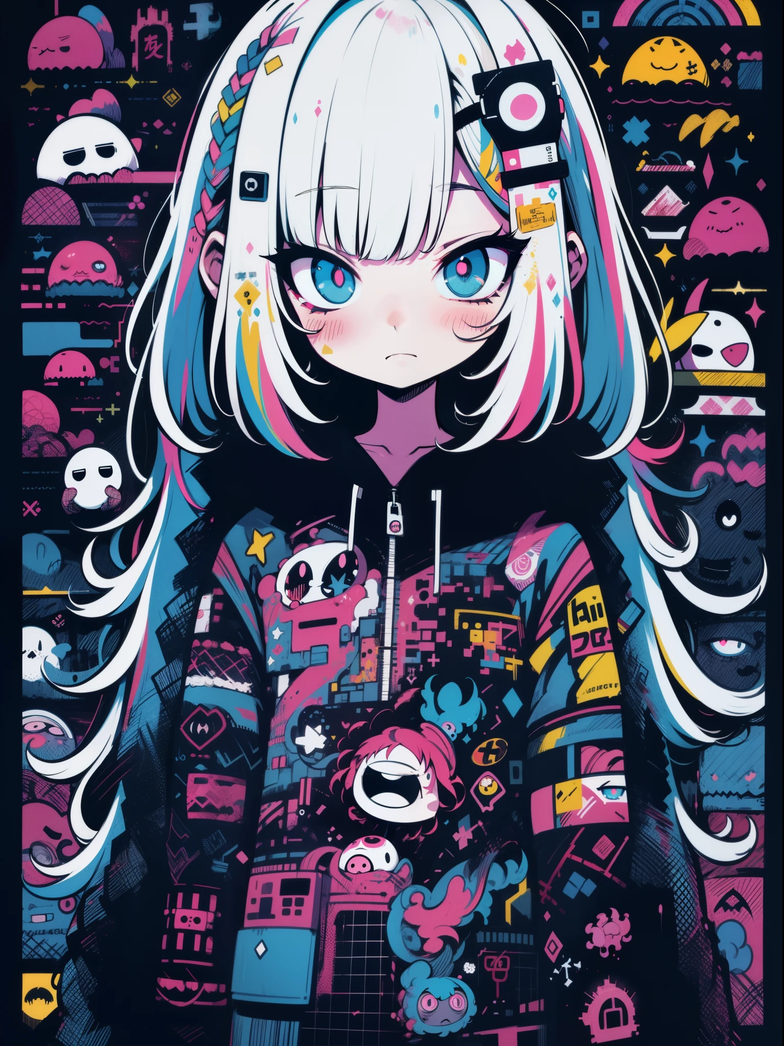 hightquality、punk rock color palette、high-level image quality、Kawaii punk rock Girl、Unprecedented amount of drawing、anime styled、Geometric pattern background、sticker style、short rainbow colored hair、dark rainbow colored hair、Vibrant moonlight eyes, messy hair, menhera, bandages, loose harajuku style clothing, baggy t-shirt, self harm, guro, dark, depressed, eye bags, heavy eyes, dark moonlight eyes, blood, creepy, eroguro, dark circles, neon, eye strain, glitch, retro, scary, demon, eyeball, ghost, dark horror, bloodied, colourful blood, glitch, cosmic, atmospheric, aesthetic