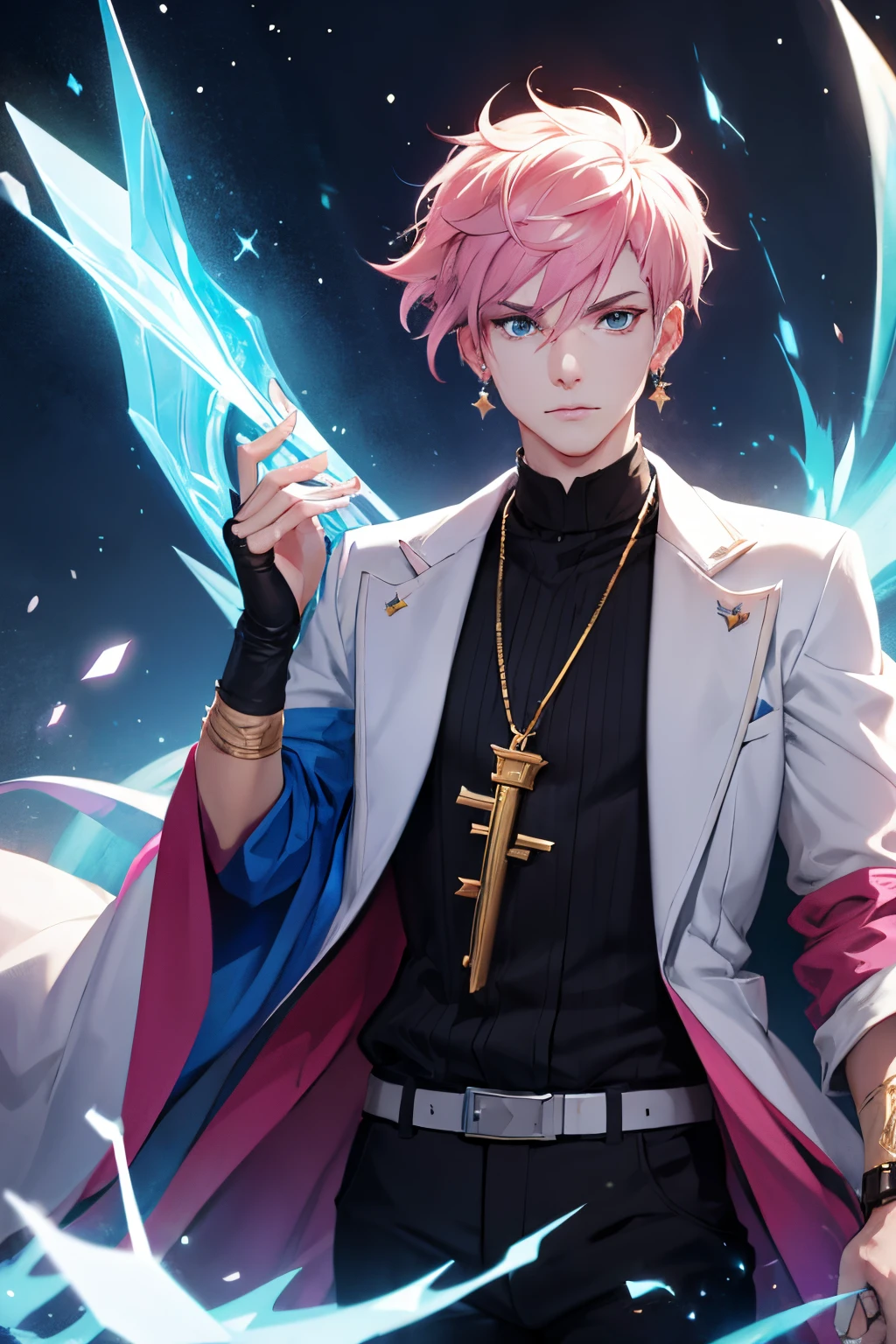 images in the style of the game league of legends - 27-year-old white man, low hair, different colored eyes, the roots of his hair are pink and the ends of his hair are sky blue, star sparkles at the end of his hair, a necklace with a key on the tip, two golden bracelets on the arm, formal clothes and earrings in the same ear