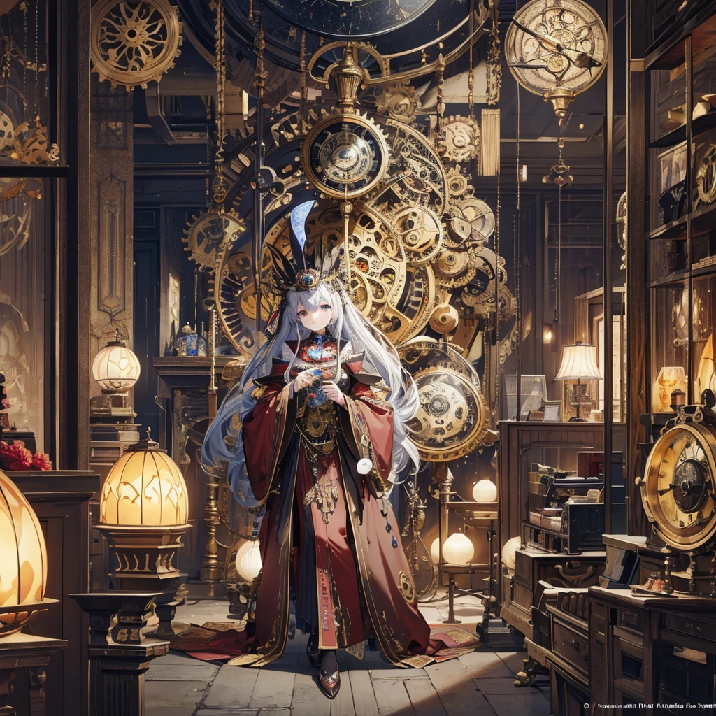 absurdres, best quality, fine detailed, 8k, no humans, Many huge colorful clocks and gears floating in a dimly lit large room, a huge karakuri clock decorated with crystal texture, gears of various sizes, clock-themed ornament, silver chain, steampunk, ray tracing, refraction, cinematic lighting, fisheye lens, tyndall effect