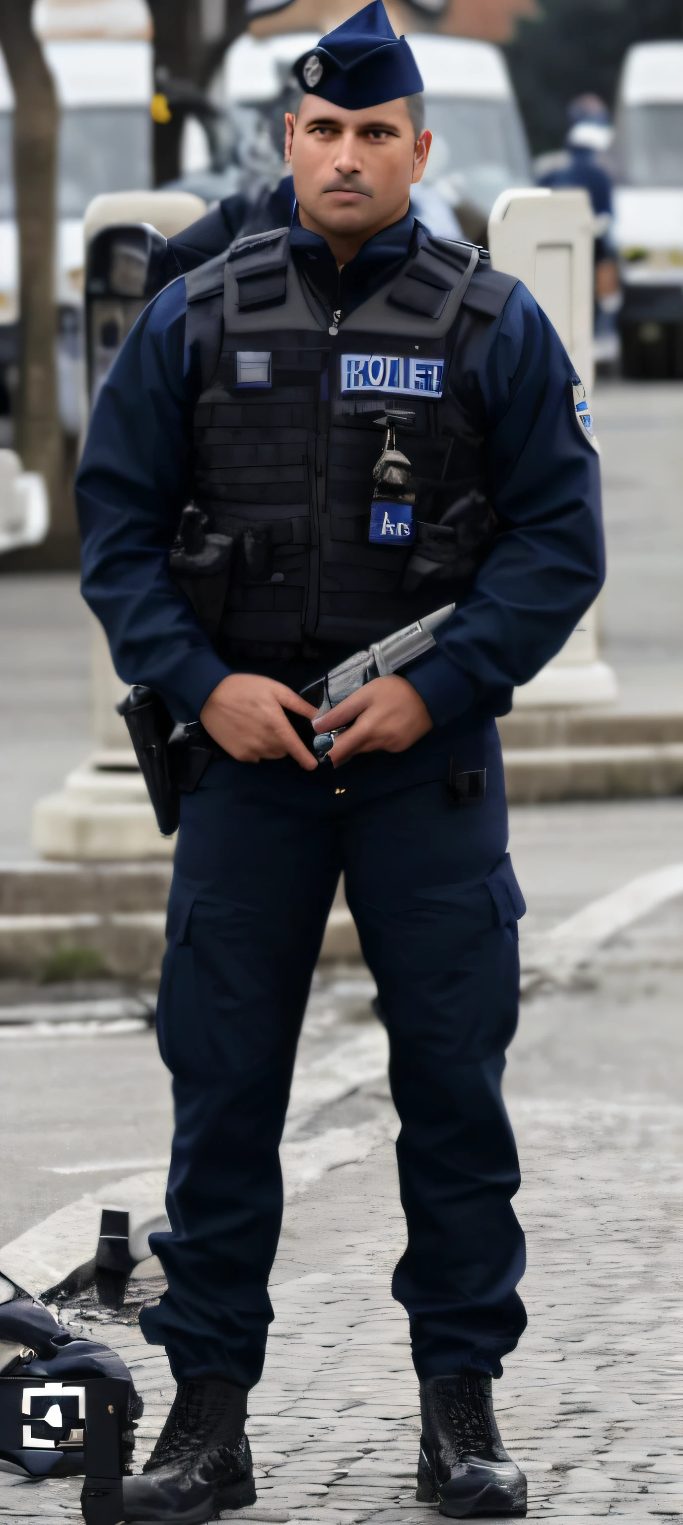 arafed police officer standing on the side of the road, wearing a police uniform, policeman, police uniform, police officer, policeman closeup, officer, outfit: cop, man in dark blue full body suit, police, security agent, police man!!, sad cop looking at a, full body camera shot, cop, full body worn out damaged cape, a bulletproof vest