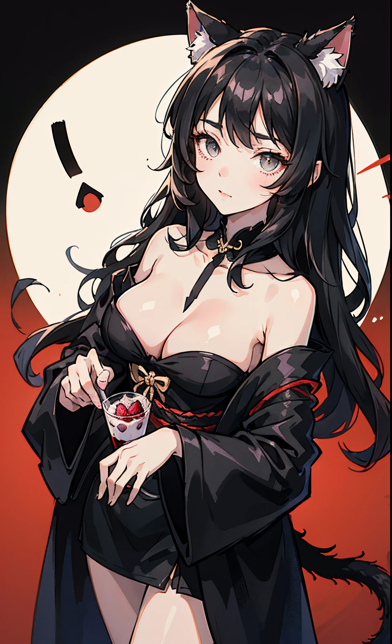 Une femme (long wavy black hair, yeux rouges, corps parfait, fluffy cat ears and a cat tail), adulte et mature, Portant a robe black décolletée with the talons hauts black, elle sirote du vin dans une ambiance chaleureuse, Style anime japonais, 4K, Ultra detailded, detailed Shadows