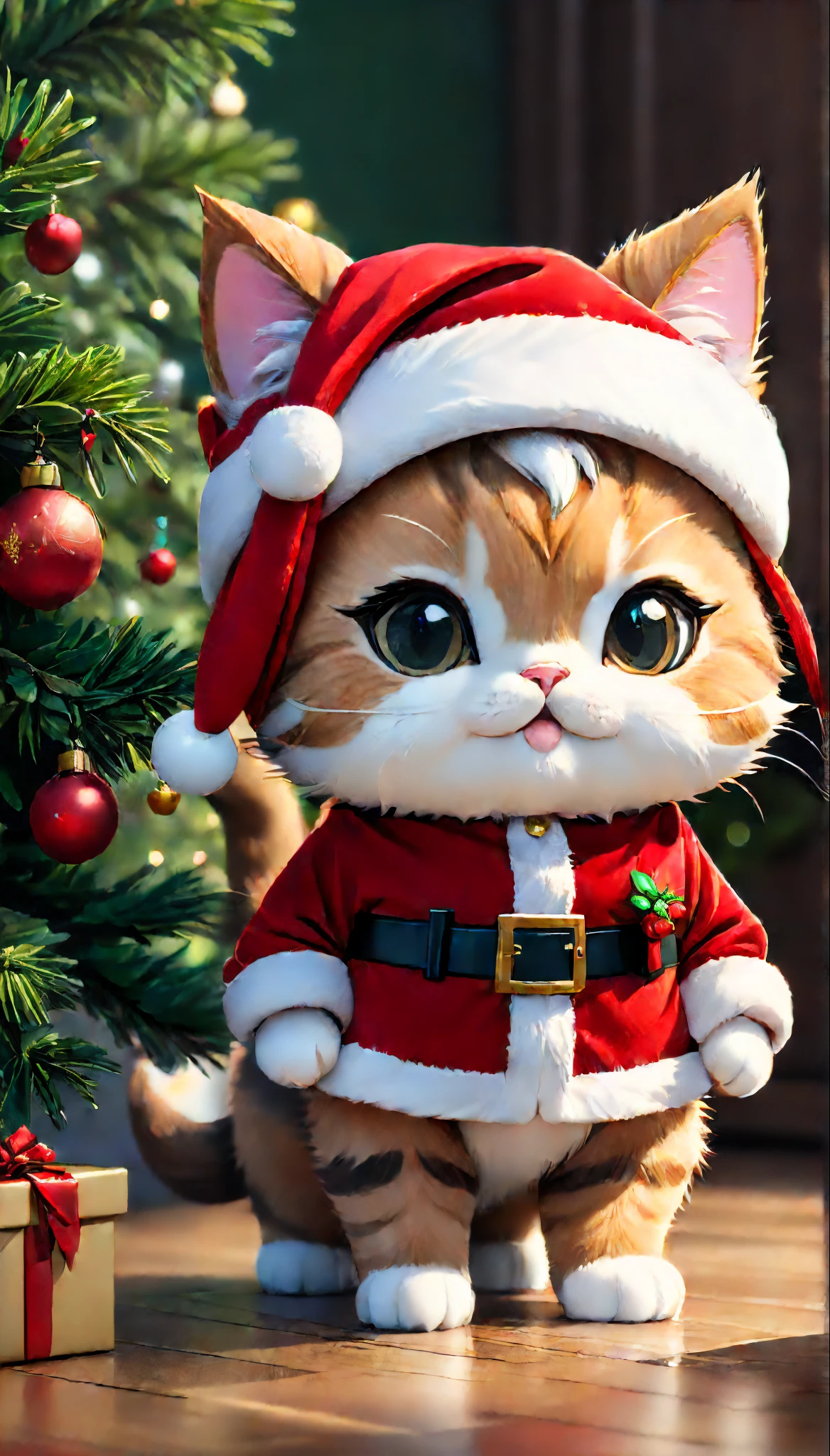 ((film poster)), a chibi cat wearing a cute Santa Claus outfit, wearing a hat, standing next to a beautifully decorated pine tree.
