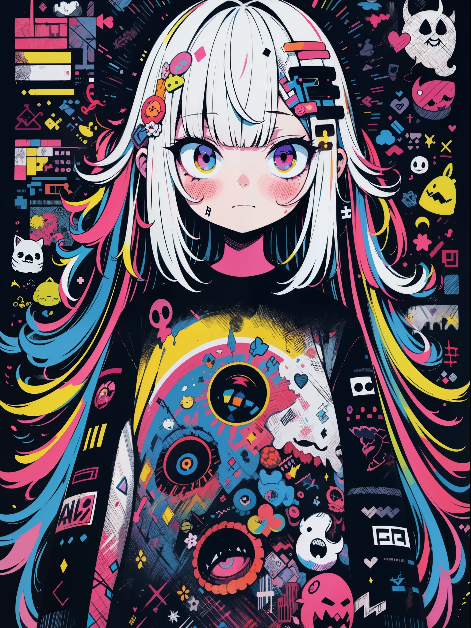hightquality、punk rock color palette、high-level image quality、Kawaii punk rock Girl、Unprecedented amount of drawing、anime styled、Geometric pattern background、sticker style、short rainbow colored hair、dark rainbow colored hair、dynamic pose,  Vibrant moonlight eyes, messy hair, menhera, bandages, loose harajuku style clothing, baggy t-shirt, self harm, guro, dark, depressed, eye bags, heavy eyes, dark moonlight eyes, blood, creepy, eroguro, dark circles, neon, eye strain, glitch, retro, scary, demon, eyeball, ghost, dark horror, bloodied, colourful blood, glitch, cosmic, atmospheric, aesthetic
