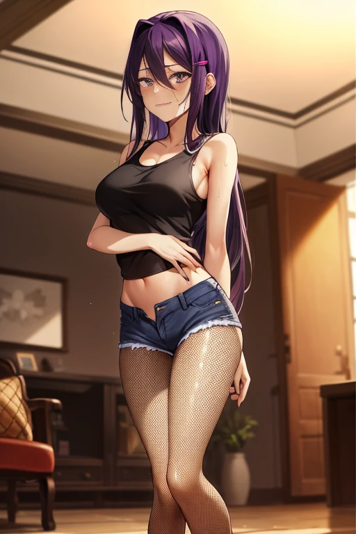 2d, masterpiece, ((standing)), living room background, best quality, full body, full pose, anime, highly detailed, cowboy shot, 1girl, solo, yuri, purple hair, purple eyes, long hair, hair between eyes, hairclip, medium breasts, underboob, ((black tank)), ((short jeans)), thights, hands, ((black converse shoes)), slim body, slim legs, bare legs, ((smug face)), blushing, red face, wet skin, show feets, ((fishnet stockings)),((point of view down)) ((point of view from floor))