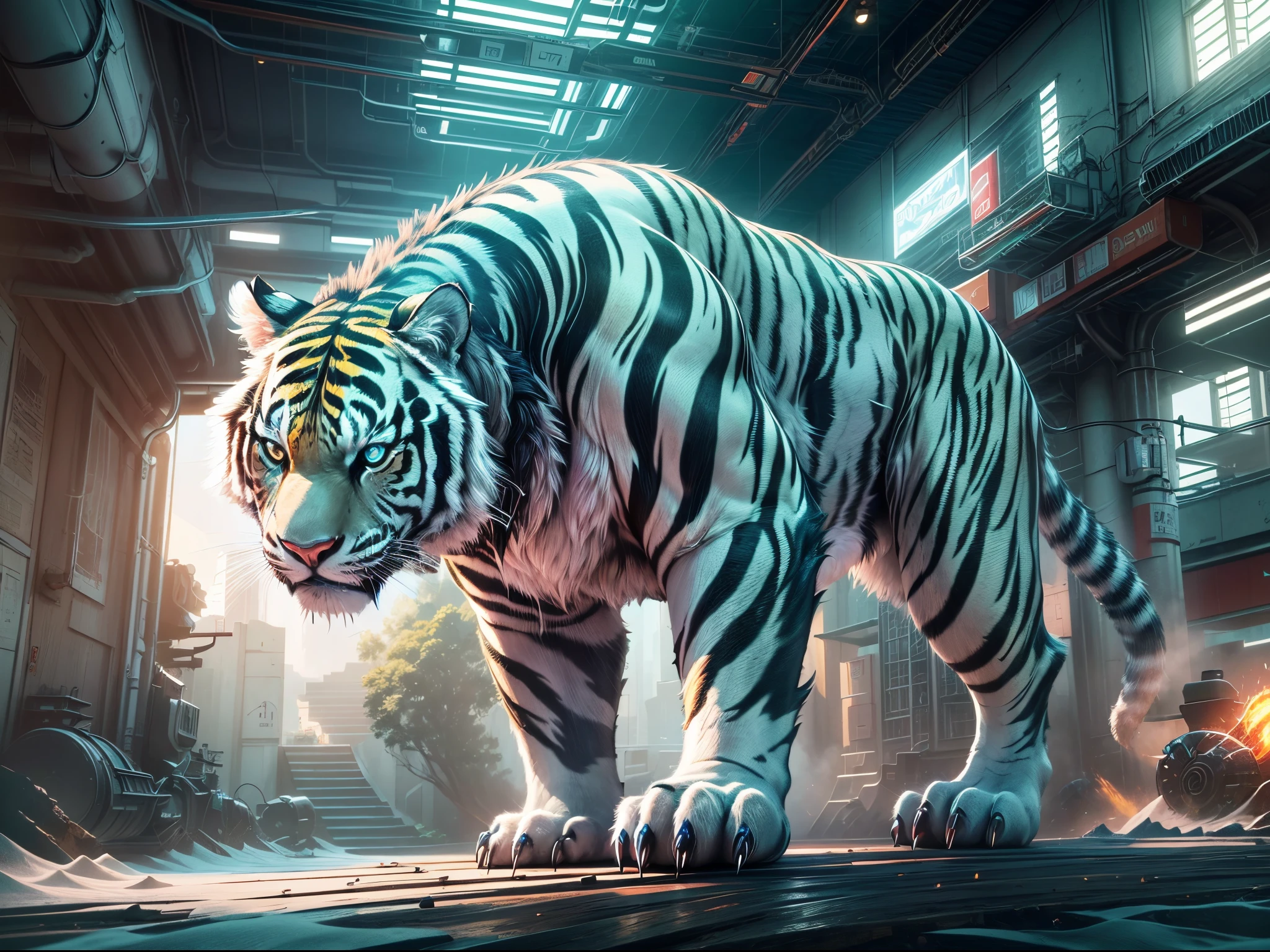 (best quality,4k,8k,highres,masterpiece:1.2),ultra-detailed,(realistic,photorealistic,photo-realistic:1.37),cybernetic tiger,mythical robot tiger,astonishing robotic tiger,white tiger,roaring tiger,giant tiger,mythical creature,gigantic creature,ferocious creature,glimmering eyes,sharp metallic teeth,futuristic robot,cybernetic enhancements,mountainous terrain,snow-covered peaks,spectacular view,immense size,impressive presence,enormous paws,mechanical joints,massive metal frame,exquisite attention to detail,cybernetic fur,gleaming silver and blue accents,powerful hydraulic servos,strikingly realistic textures,resplendent in the sunlight,subtle shadows and highlights,truly lifelike appearance,majestic and awe-inspiring scene,captivating composition,intricate patterns and designs,expertly crafted artwork,breath-taking masterpiece,artistic interpretation,perfect balance of strength and grace,vibrant color palette,futuristic lighting effects,luminous glow surrounding the tiger,synthetic energy emanating from its body.