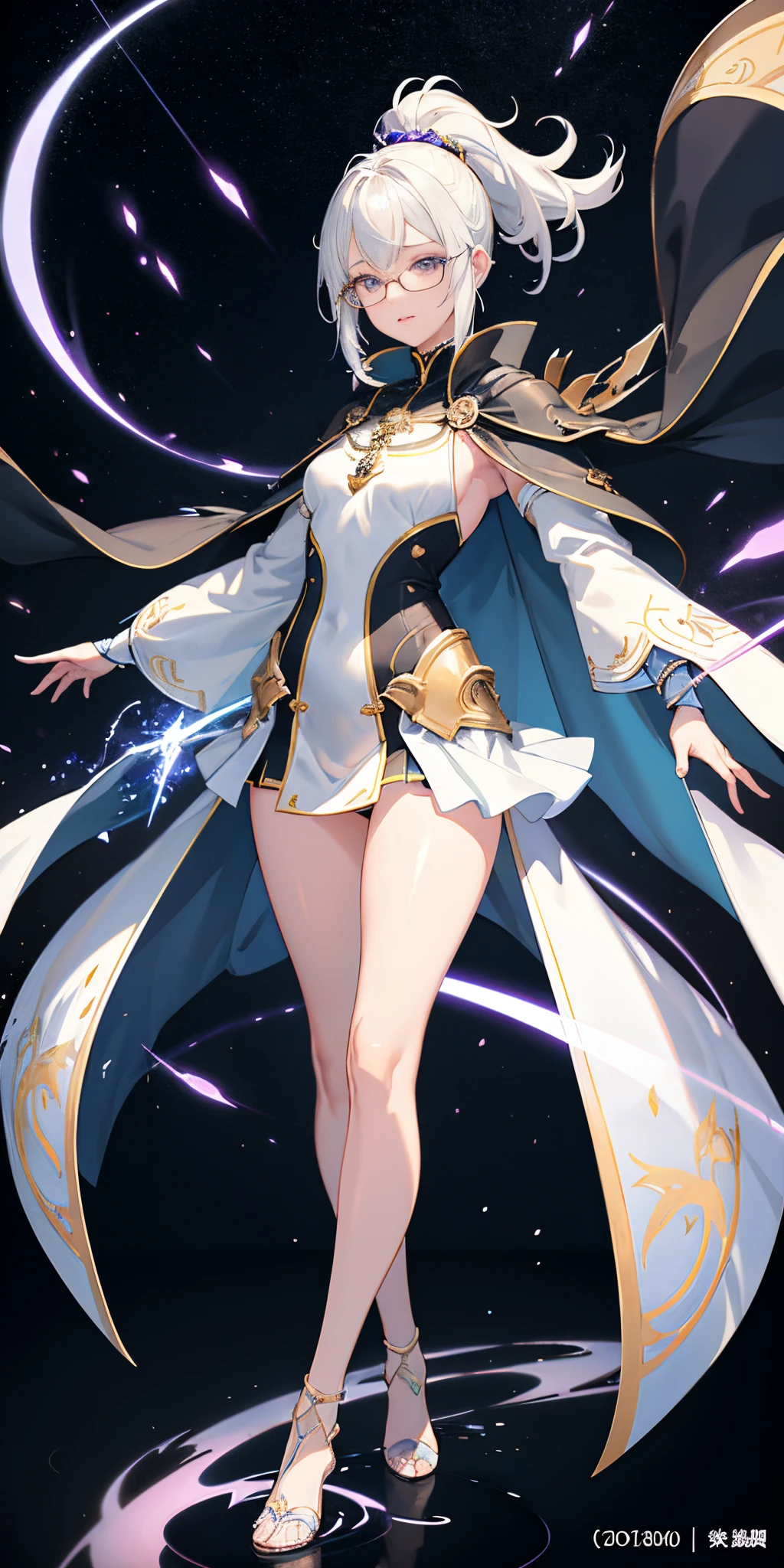 1 Delicate Girl, Komono, Ponytail ,White hair, Purple eyes, David'circle of, blue fire, blue flames, Wallpaper, landscape, Blood, blood splashing, depth of fields, Night, light Particle, llight rays, side lights, thighs thighs thighs thighs, Fate \(Series\), GenshinImpact, ****, Open jacket, Skirt, thighs thighs thighs thighs, cloud(frameless glasses 1.9)Extraordinary sexy beauty、Beautiful, Gentle and cheerful look、Sexy refreshing appearance、Perfect beautiful cute face、Short ponytail、long bangs between eyes,、Super Long Blonde Straight Hair、Beautiful facial hair、Very cute beautiful sexy young little woman、(Skindentation:1.5)、reallistic、Photorealsitic、(masuter piece:1.5)、Concept art、intricate-detail、A highly detailed、Photorealsitic、Octane Rendering、8K、Unreal Engine、Dynamic Pause、top-quality、hight resolution、(Lifelike face:1.1)、 (surrealistic:1.1)、((full body Esbian))、perfect eyes、(shinny skin:1.2)、(((hairstyle on)))、(((perfect hand)))、(highly detailed back ground)、((Moving background) )、((Lightning))、(llight rays)、((1girl in))、I'm wearing a cloak、(((flowing cloak)))、((finely eye、quality eyes、Quality face))、(extremely intricate robes、magical robe)、short-hair、Lightning、electricity、swirling fire、radiating power、spark of light、fumo、magia、((Dramatic))、epicd、battle field、depth of fields、Bokeh、4K、gotik、embers、Particle(Blue lightning all over the body 1.9)(Emits purple flames from both hands1.9)(Full body figure 1.9)(Beautiful Legs 1.9)(stiletto heels 1.9)