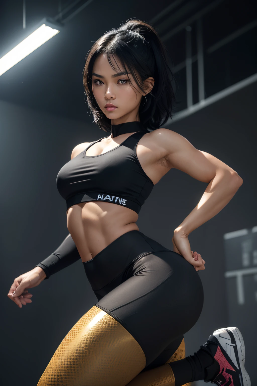 (ultra high definition), (ultra high definition), (full sharpness), (maximum quality), (Cinematic), (8k), ((Filipina woman)), ((extremely beautiful)), (alone), ((full body)), (ultra detailed face), (ultra detailed eyes), (ultra realist eyes), (athletic body), (delicate hands), (very detailed hands), (studio lighting), ((front view)), (confident half-smile), (soft skin), (very small breasts), (round ass), (natural tan skin), (unique), (short raven-black hair), (totally realistic), ((always the same face)), ((repeat always the same face)), ((fierce and determined look)), ((always the same body)), ((always the same proportions)), ((showcases her athletic and agile physique)), ((looking at the camera)), ((wearing crop top and leggings))