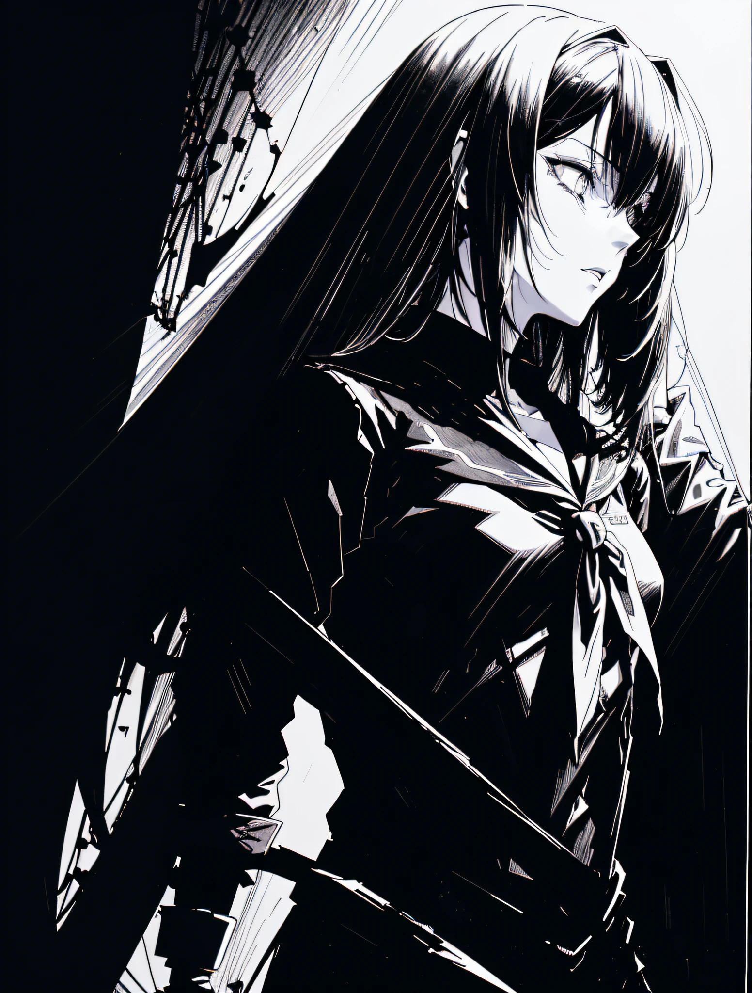 v5lcn style,ink art,(Best Quality,masutepiece:1.2),(black and white comic core:1.1),(linear art_Anime),(extreme high contrast),Dark ink,1girl in,A dark-haired,Shadow on face、8K,resolution,High School Girl,Sailor School Uniform,